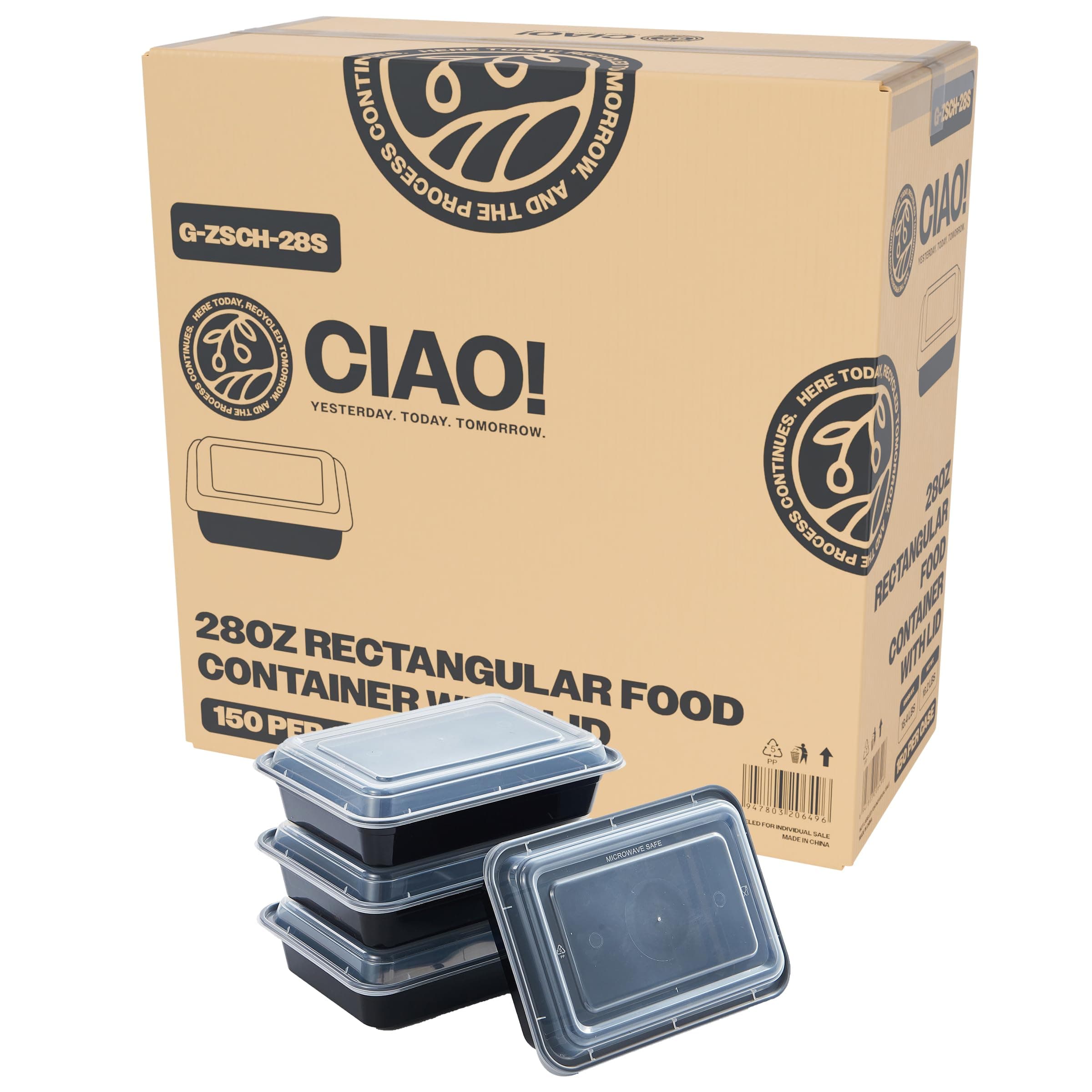 CIAO! Heavy Weight 28oz Injection Molded Microwavable Black Rectangular Food Container with Lid (150/case)