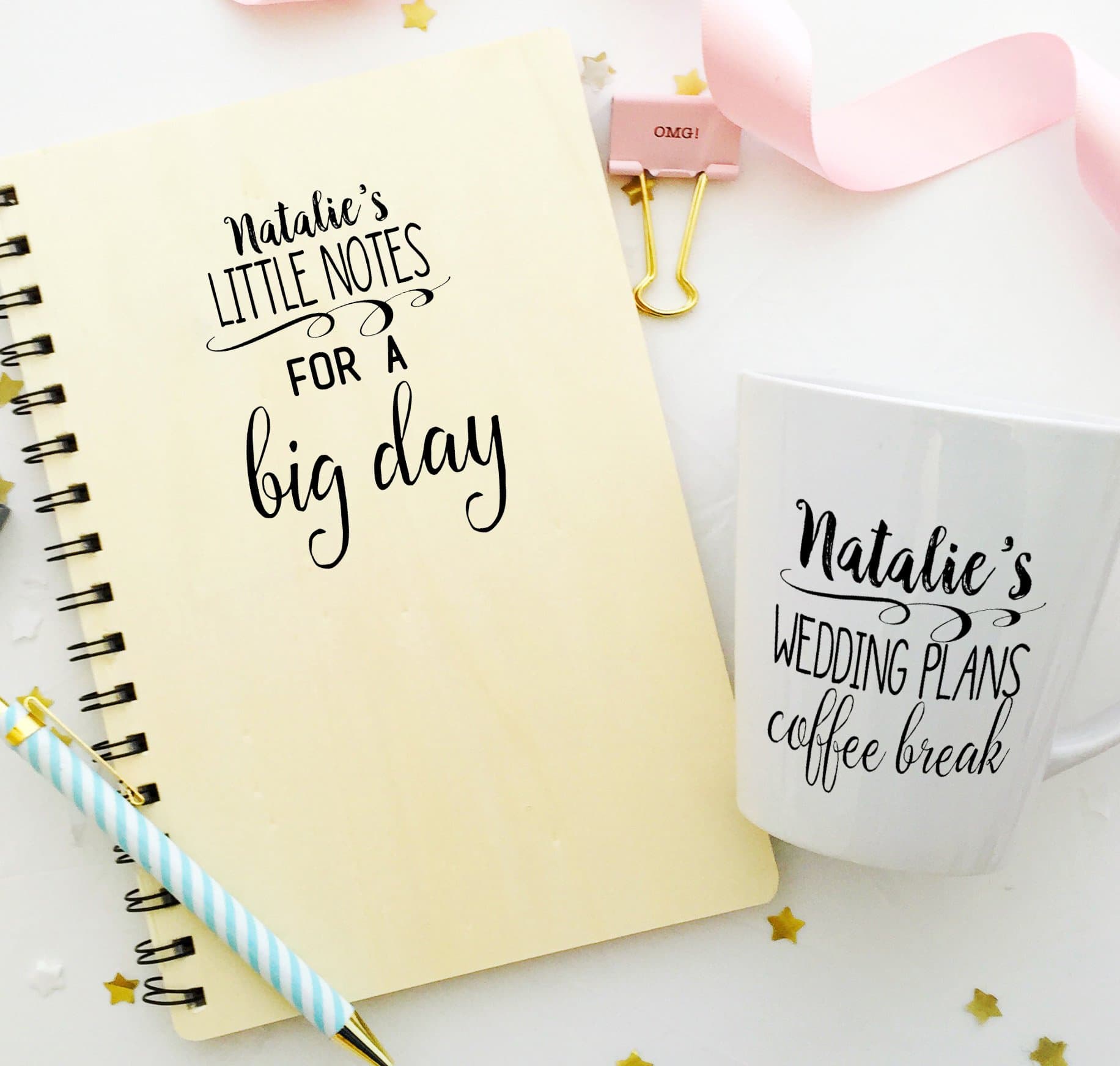 Personalised Wooden Wedding Day Plan Notebook Little Notes for a Big Day with Latte Mug