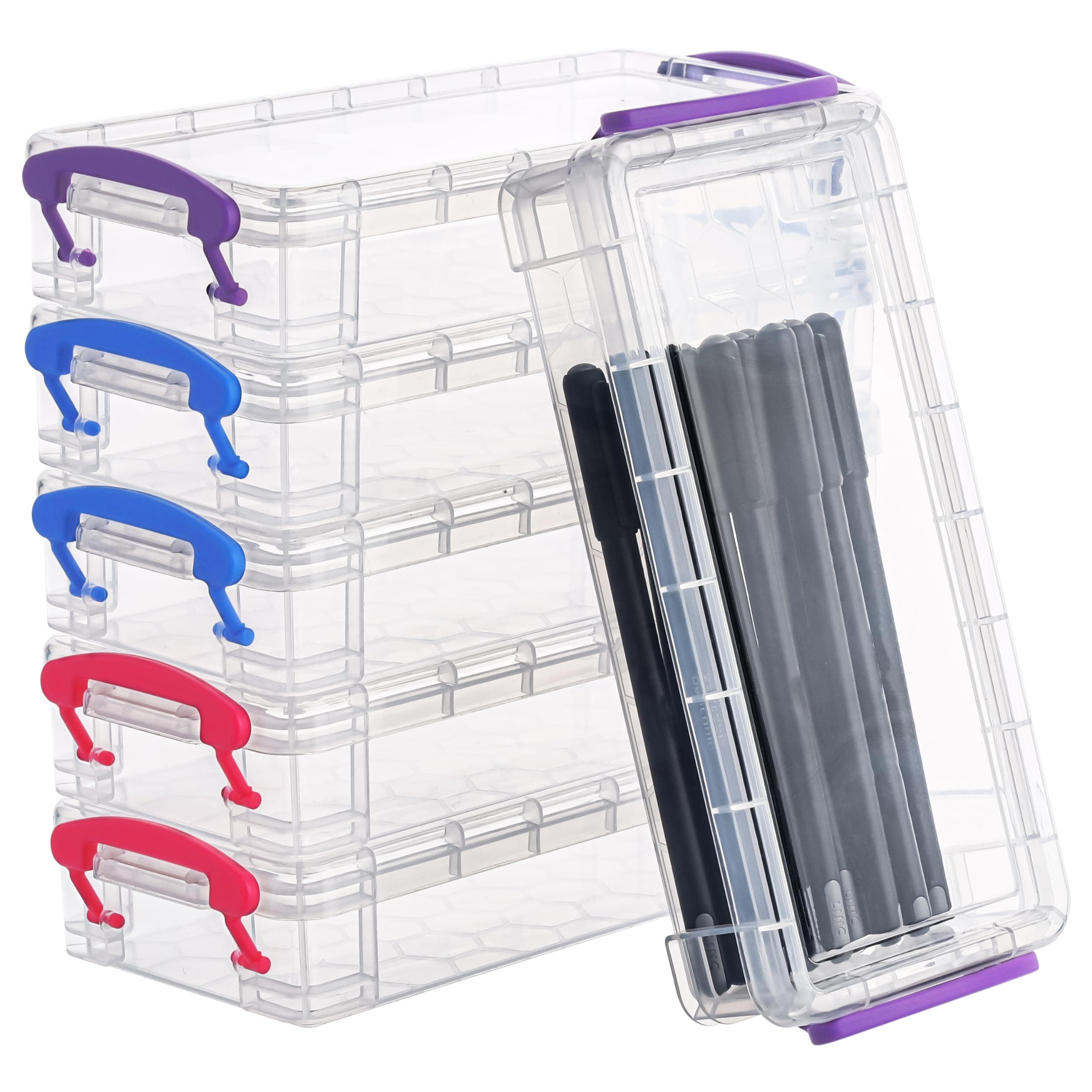 Plastic Pencil Storage Box (6 Pack) - L20.5 x W9.5 x H4.2cm/8.07 x 3.74 x 1.65 Inches - Assorted Colour Stackable Boxes - Organiser Case for Brush Painting Pencils, School & Office Supplies