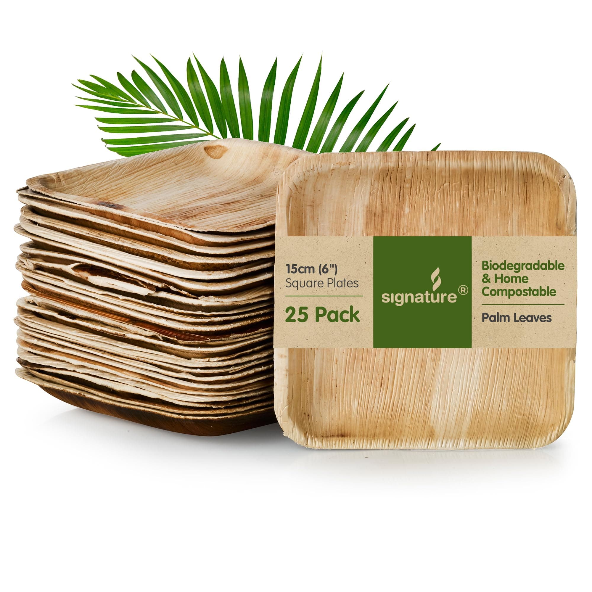Signature Packaging Disposable Palm Leaf Plates, Sturdy Eco-Friendly Biodegradable Compostable Plates for Hot Food, Weddings, Picnics, Parties and Outdoor Events - 6", (25 Pack) Square