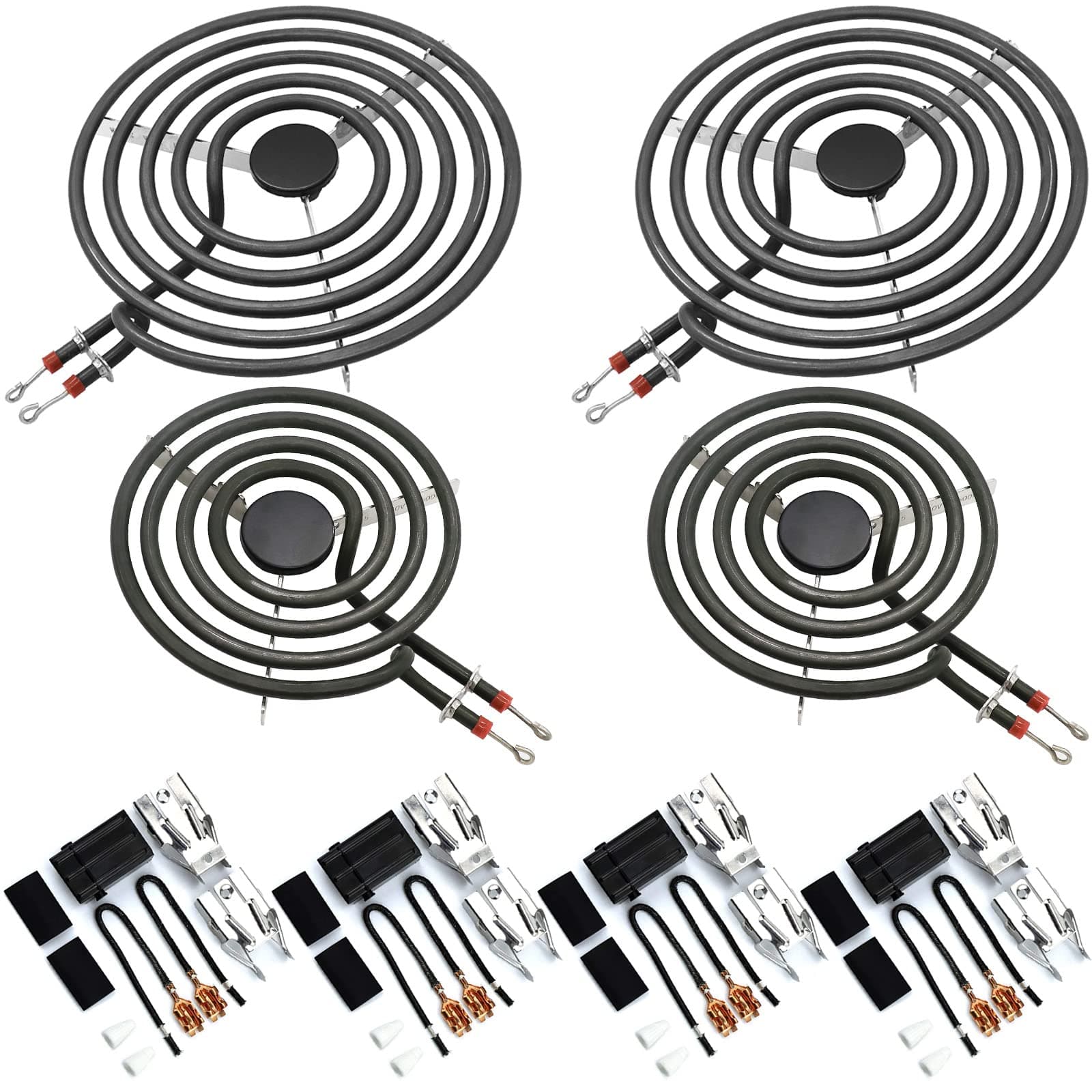 AMI PARTS MP22YA Electric Range Burner Element Unit Set(2 pcs MP21YA 8" & 2 pcs MP15YA 6")with 4pcs 330031 Range Burner Receptacle Kit Fit for Whirl-pool Ken-more Stoves Replace WP660532, WP660533