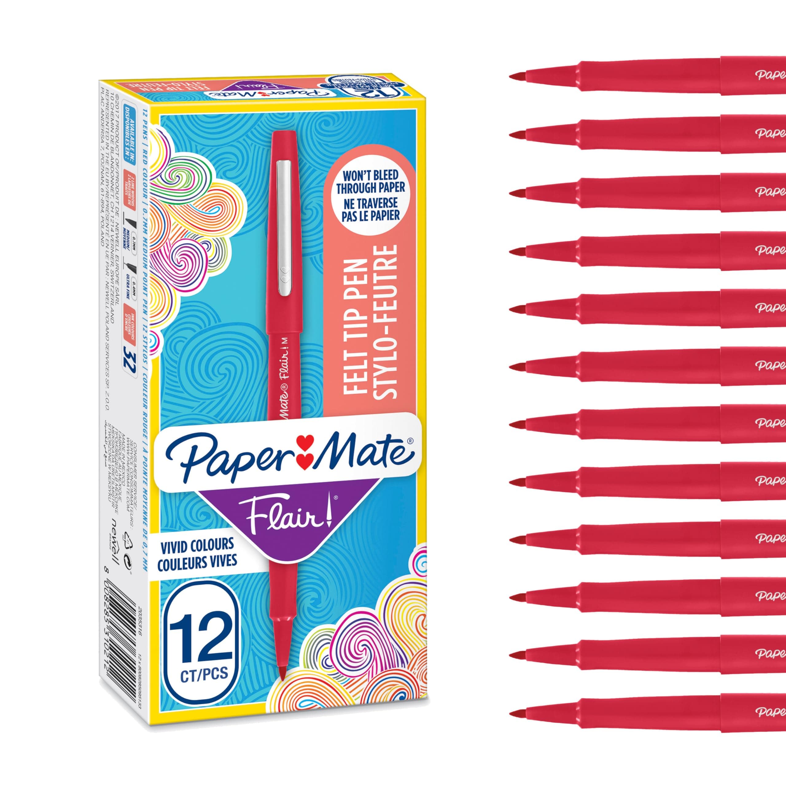 Paper Mate Flair Felt Tip Pens | Medium Point (0.7 mm) Marker Pens | Red Pens | For WritingMarkingDrawing & Sketching | 12 Count