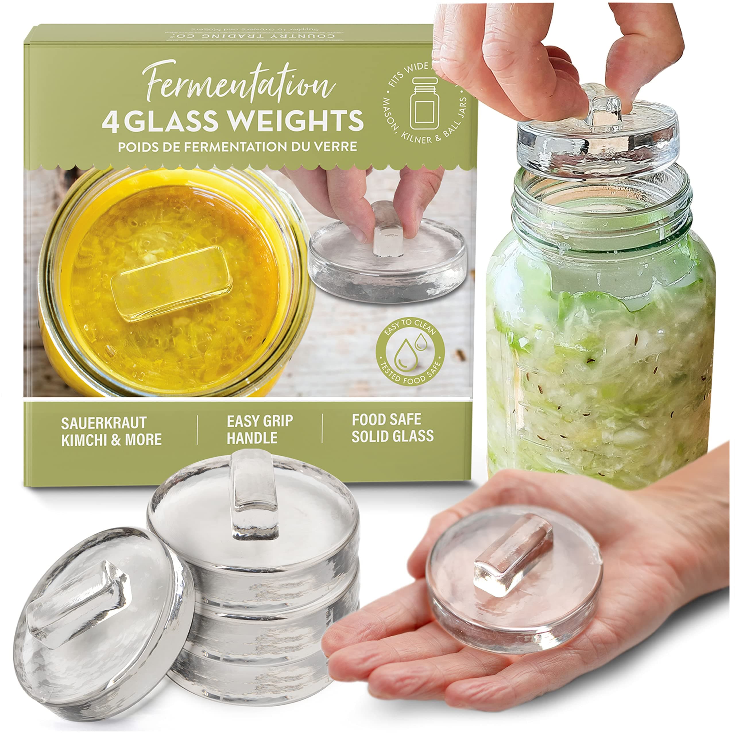 Glass Fermentation Weights for Fermentation | Easy Lifting Handle | Set of 4 Pickle Weights for Wide Mouth Jars