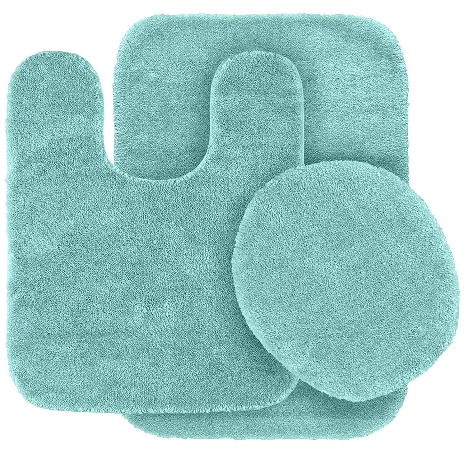 Linen Plus 3pc Solid Non Slip Soft Bath Rug Set for Bathroom U-Shaped Contour Rug, Mat and Toilet Lid Cover New# Angela (Aqua Blue)