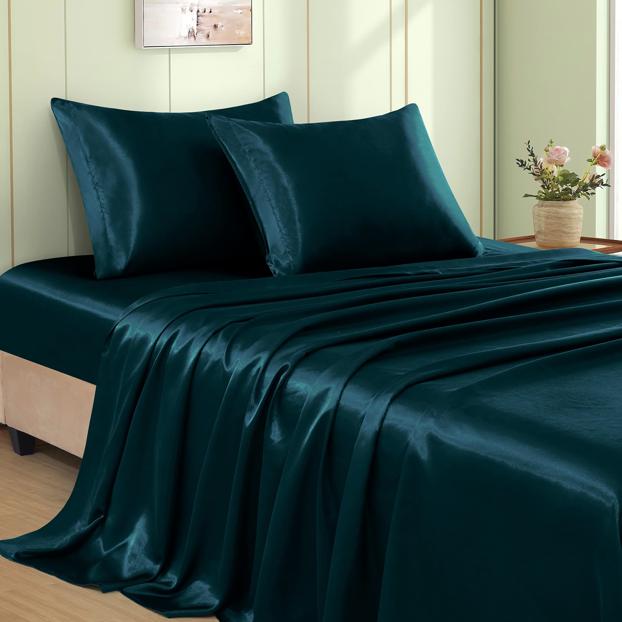 VACVELT 4pcs Dark Teal Satin Sheets King Size Bed Set, 15 Inch Deep Pocket Silky Satin Sheet Set, Soft Satin Bedding Set Cooling & Luxury Bed Sheets, 1 Fitted Sheet + 1 Flat Sheet + 2 Pillowcases