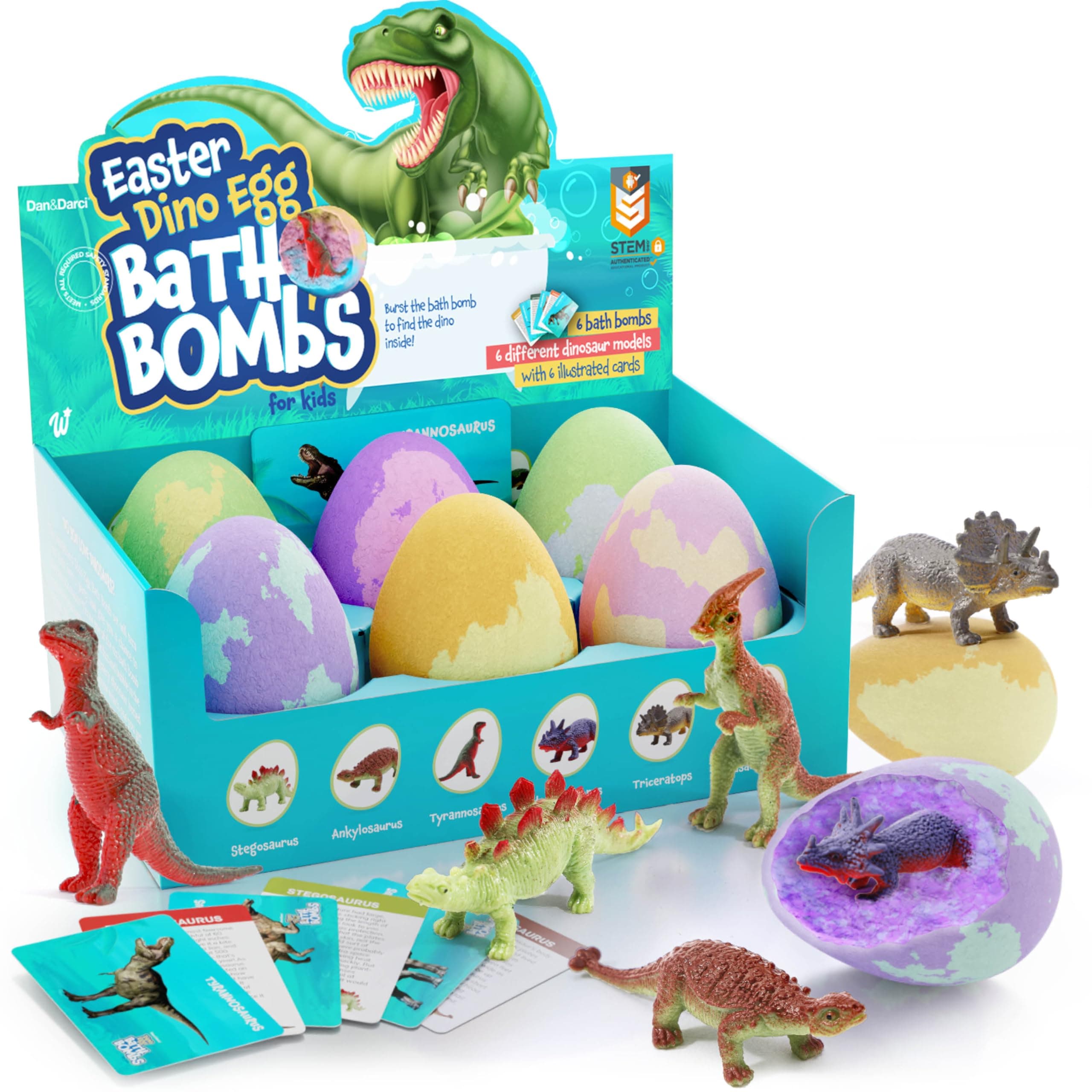 Dan&Darci Dino Egg Bath Bombs for Kids - Easter Basket Stuffers - Kid Baths Bomb with Surprise Inside - Dinosaur Toys Gift for Boys and Girls Ages 6 7 8 Years Old Gifts - Fun Educational Toy Fizzy