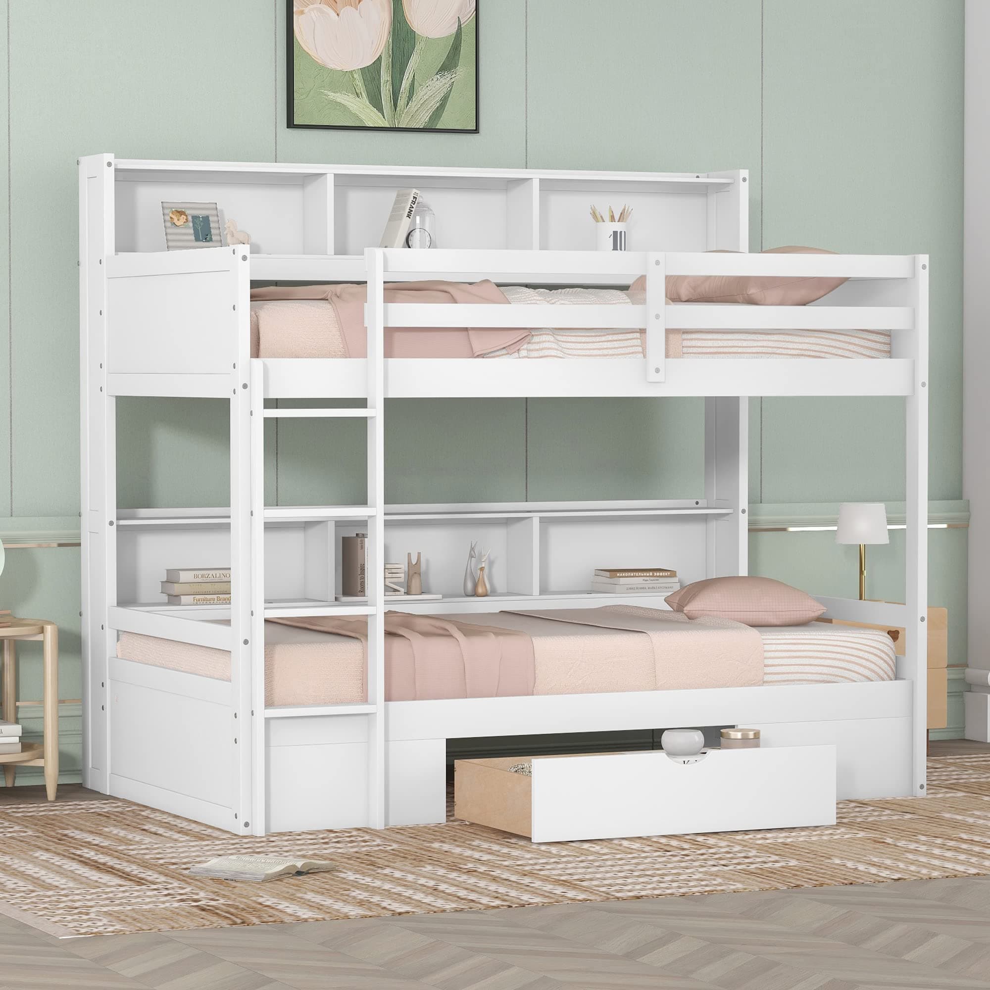 Twin Size Bunk Bed with Storage Drawer and Built-in Shelves Beside Bed, Wood Bunk Bed Frame with Safety Guardrail for Kids Teens Adults, Multi-functional Space-saving Design (White-Shelves)
