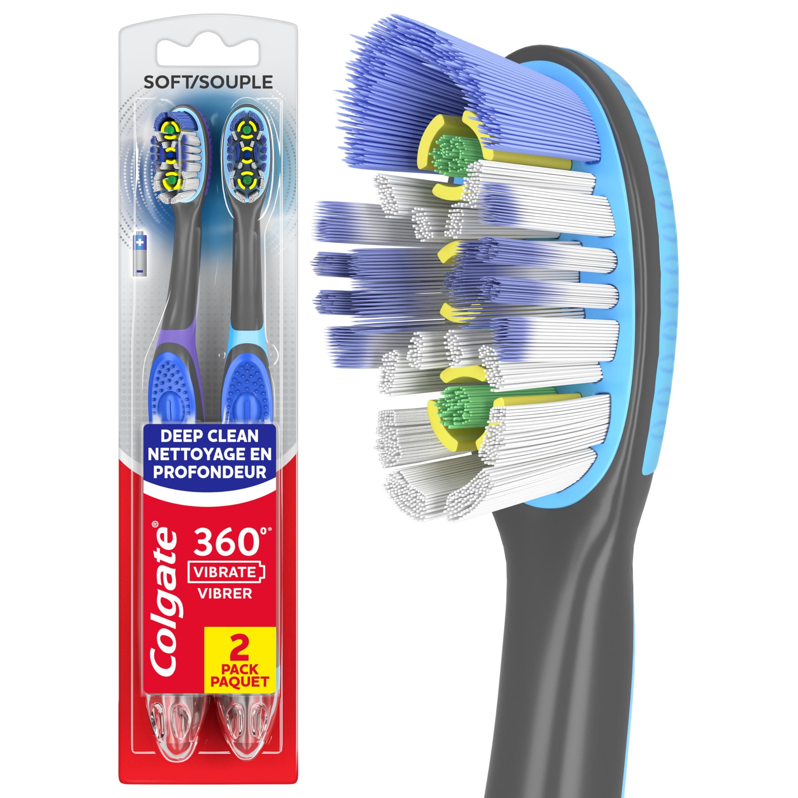 Colgate 360 Vibrate Deep Clean Battery Operated Toothbrush Pack, Soft with 1 AAA Battery Included, 2 Count