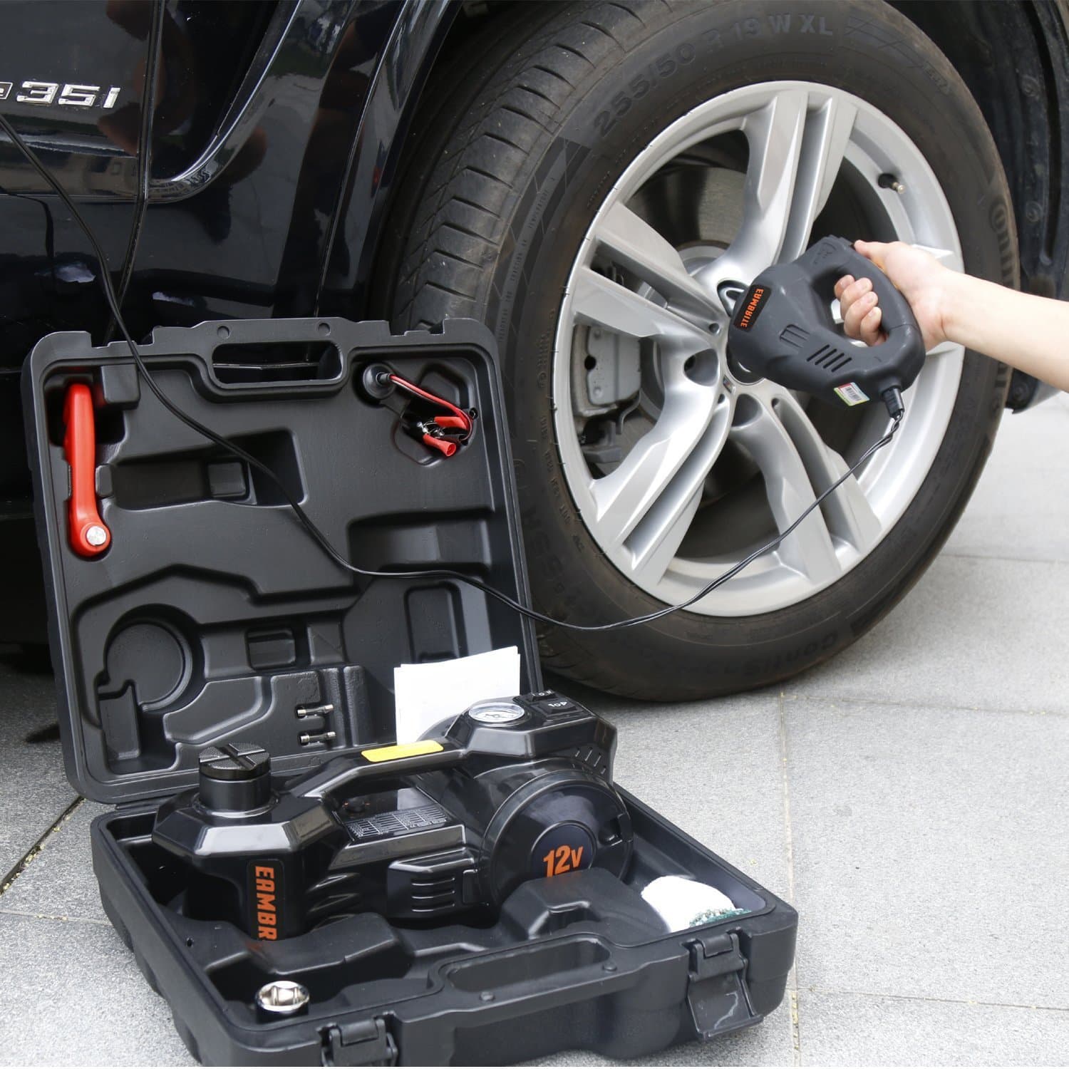 EAMBRITE 12V DC 1 Ton Electric Hydraulic Floor Jack Set for Car Use (6.1-17.1 inch, Black)