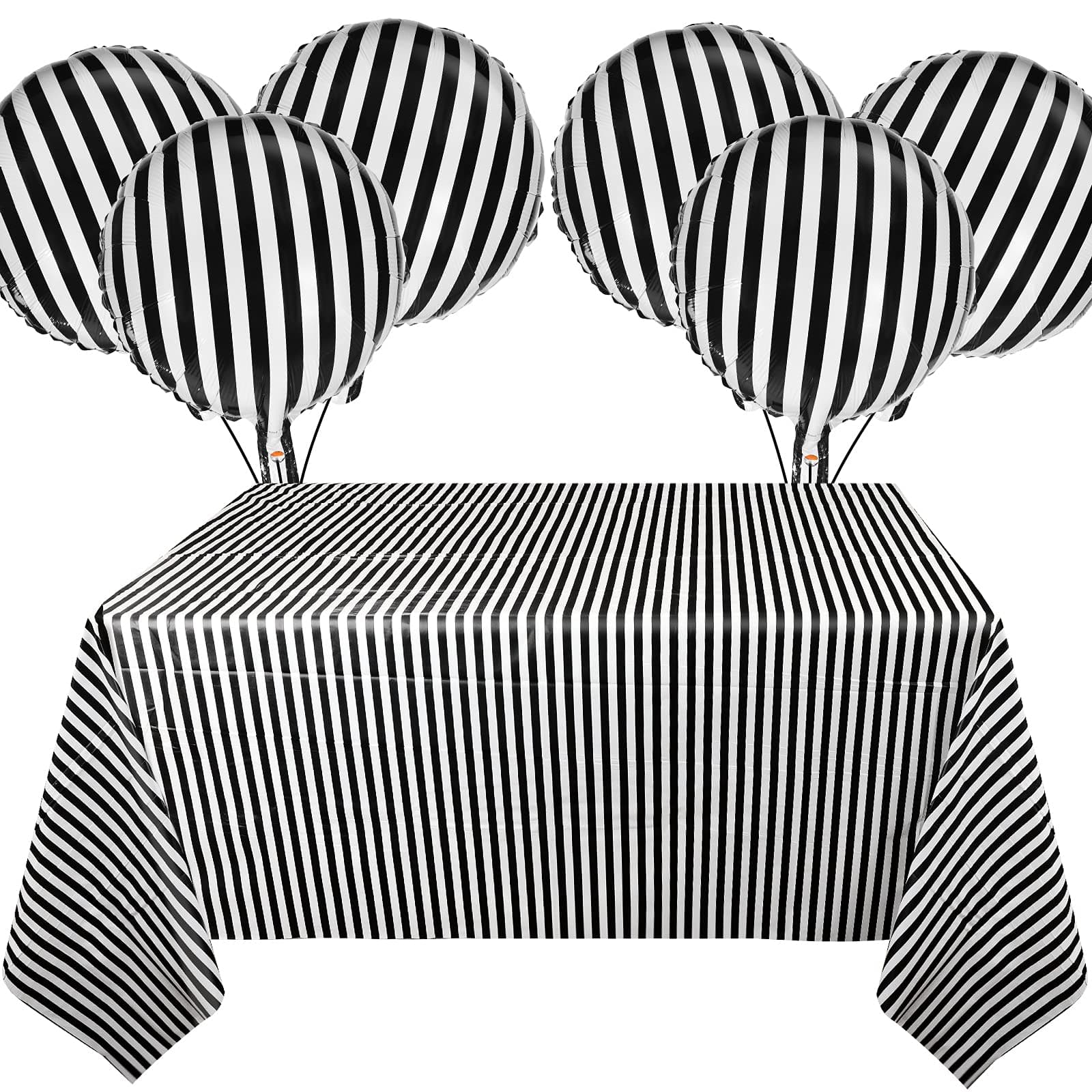 6 Pieces Black White Stripe Tablecloth Plastic Striped Table Cover Black and White Striped Balloons 18 Inch Stripe Foil Balloons for Birthday Party, Baby Shower, Ceremonies Party Decoration
