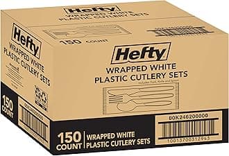 Hefty Wrapped Disposable Plastic Utensils Set, 150 Count, White Disposable Utensils for Picnics, BBQs, Camping, Parties, and More, Includes Forks, Spoons, and Knives