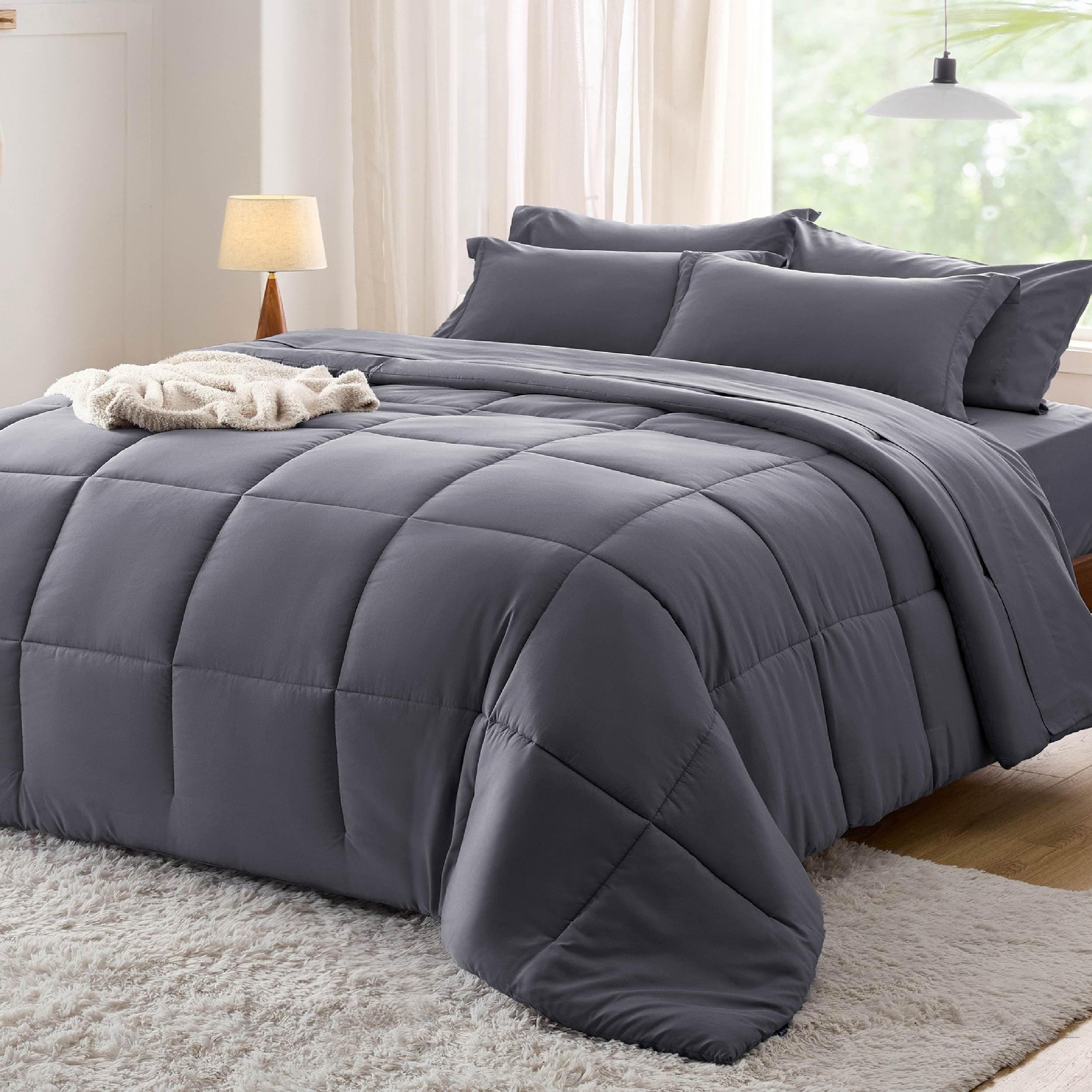 Bedsure Dark Grey Comforter Set King - 7 Pieces Solid Bed in a Bag, King Bed Set with Comforter, Sheets, Pillowcases & Shams