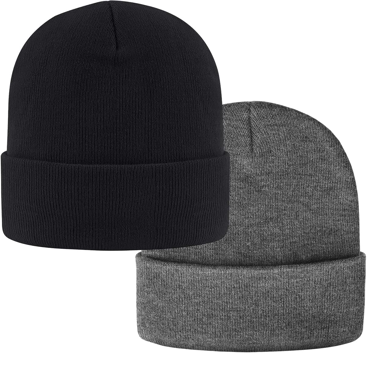 2-Pack Mens Daily Beanie Hat Classic Cuffed Plain Skull Knit Winter Hat Cap for Men & Women Warm Snug Slouchy Soft Headwear Unisex
