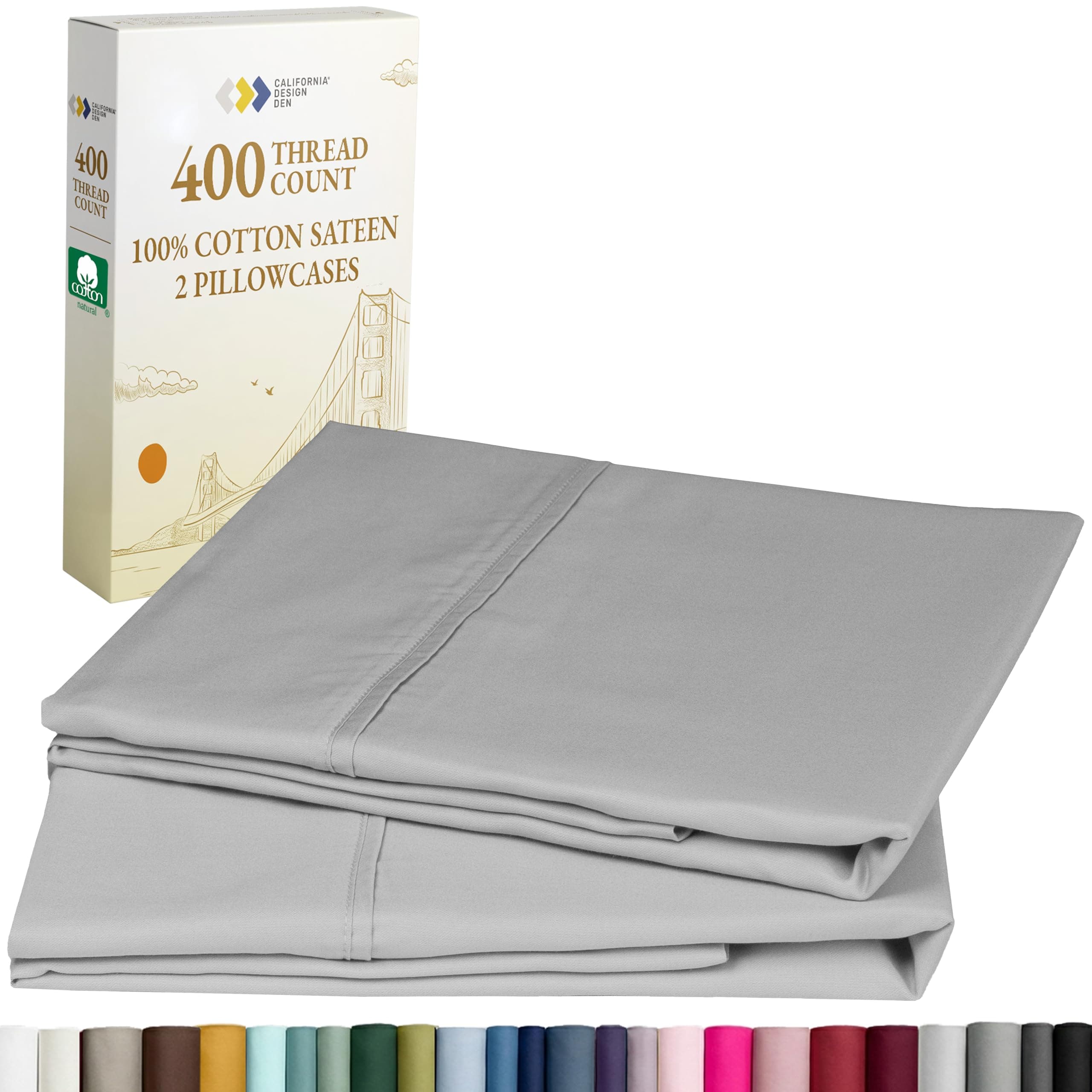 California Design Den Standard Queen Size Pillowcase Set - 400 Thread Count, 100% Cotton Sateen, Set of 2 Pillow Covers, Soft and Breathable - Light Grey