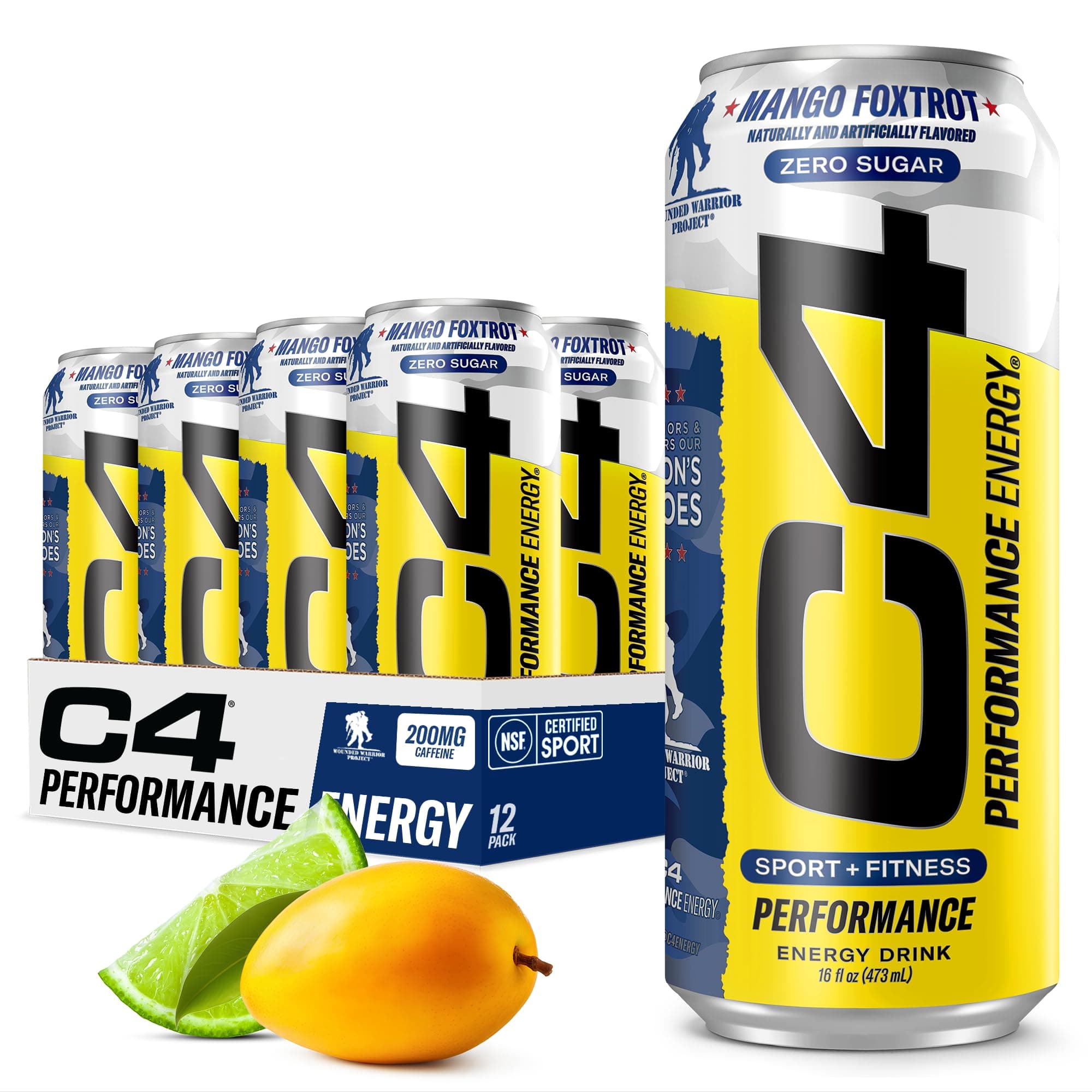 Cellucor C4 Energy Carbonated Zero Sugar Energy Drink, Pre Workout Drink + Beta Alanine - Mango Foxtrot - 16 FL OZ (473 ml) - Pack of 12 (Packaging May Vary)