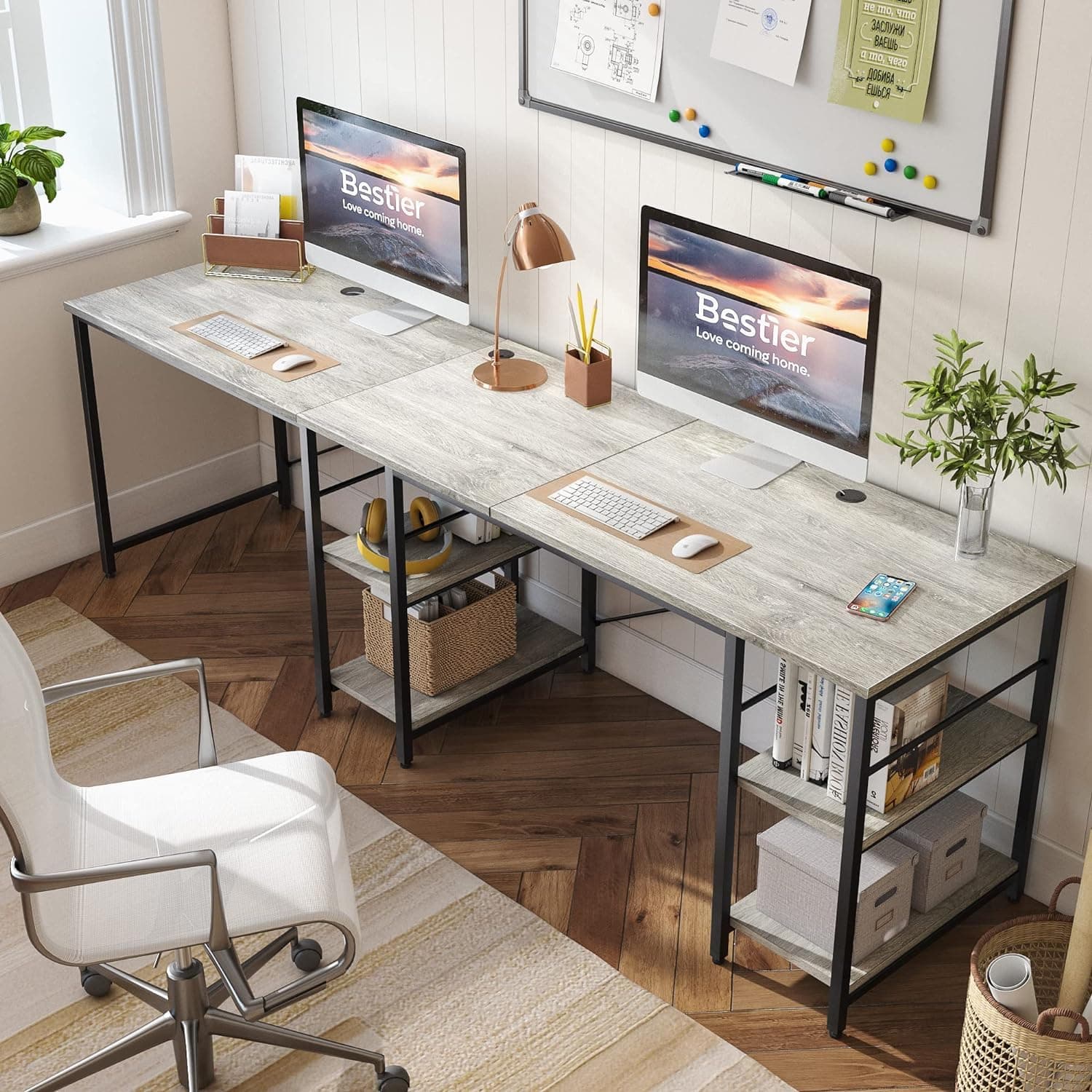 Bestier L Shaped Desk, 95.2 Inch Reversible Corner Computer Desk with Shelves, 2 Person Long Table for Home Office, Large Writing Storage Workstation with 3 Cable Holes, Rustic Brown, Grey Oak