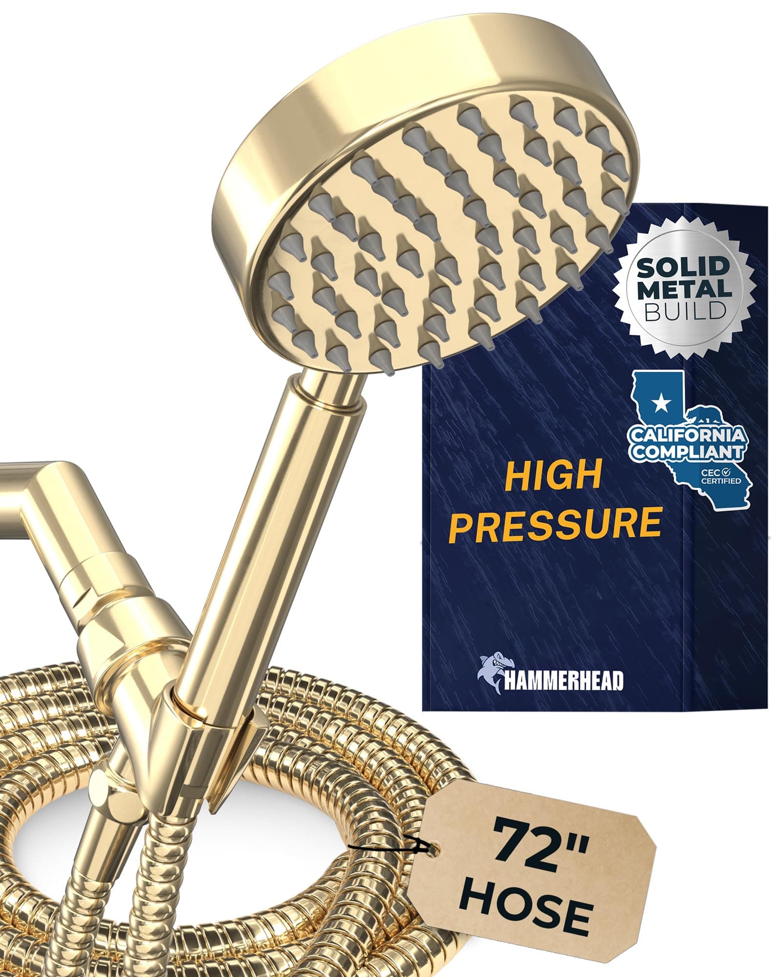Solid Metal LOW FLOW Handheld Shower Head with Hose and Brass Holder - POLISHED BRASS – Water Saving 1.75 GPM Detachable Shower Head - Adjustable Shower Wand Bracket & 6ft Hose