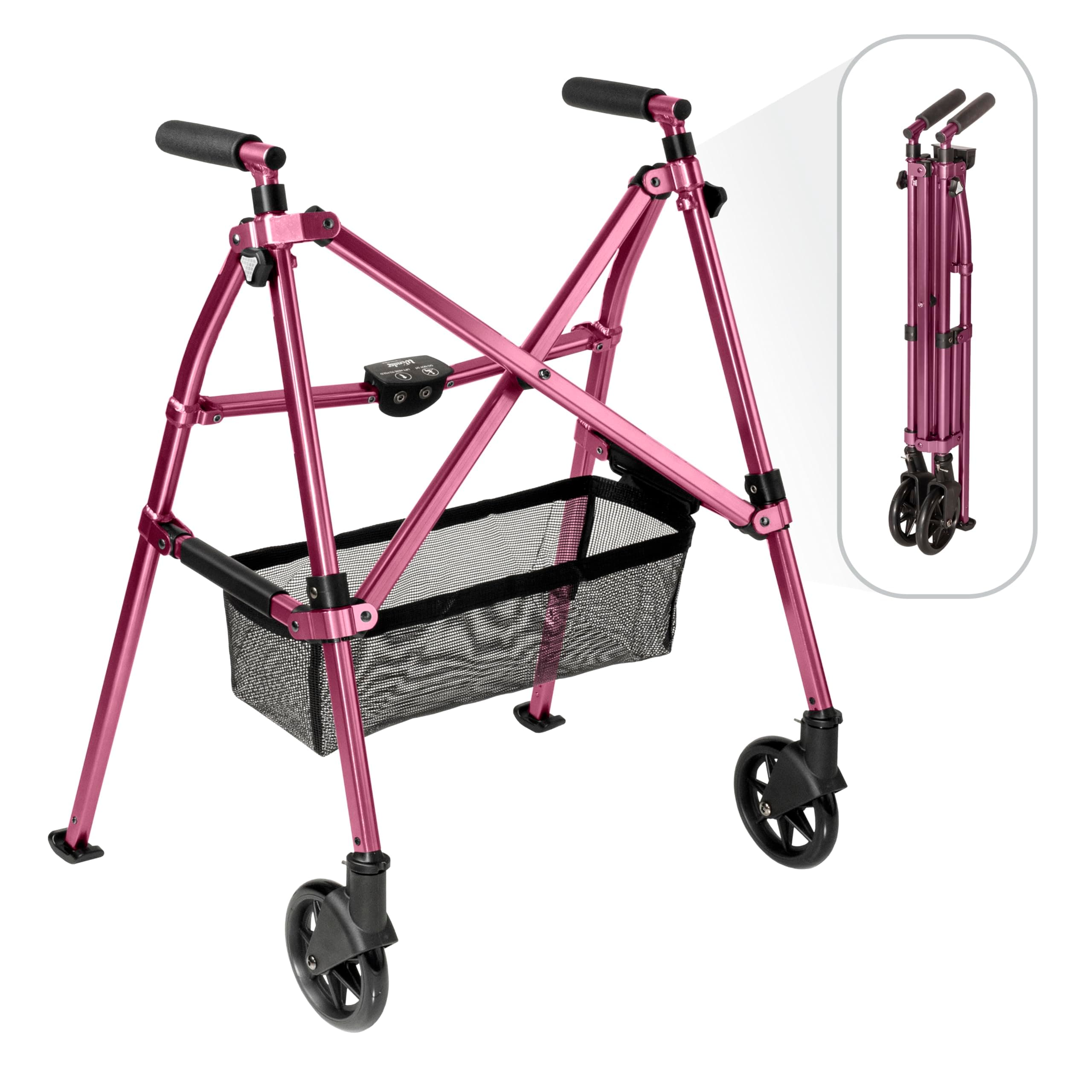 EZ Fold-N-Go Walker Micro, Lightweight Folding Walker for Short Seniors with Swivel Wheels, Regal Rose (Eligible for VAT Relief in The UK)