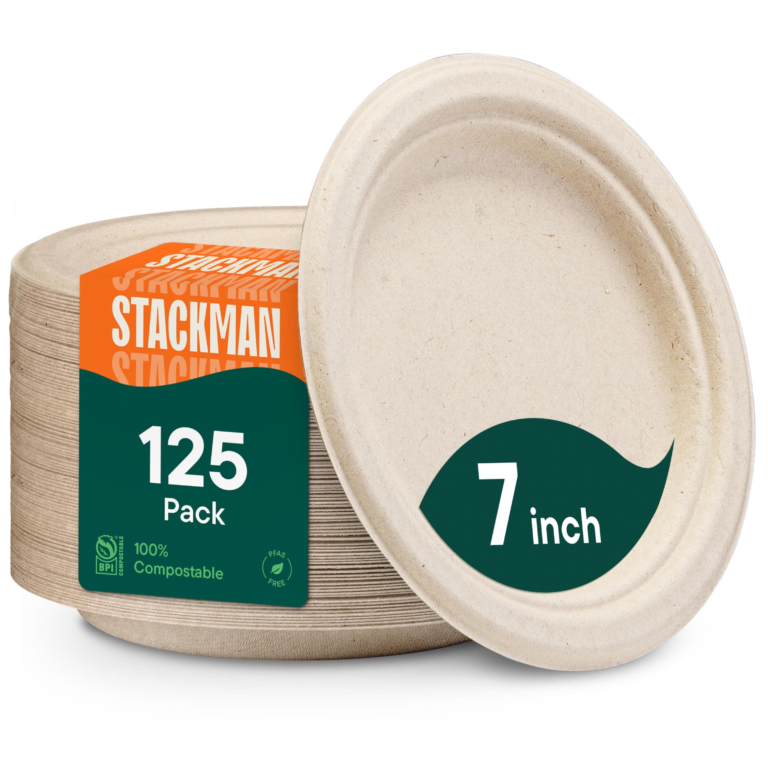Stack Man 100% Compostable 7" Paper Plates [125-Pack] Heavy-Duty Quality Natural Disposable Bagasse, Eco-Friendly Made of Sugar Cane Fibers, 7 inch, Brown