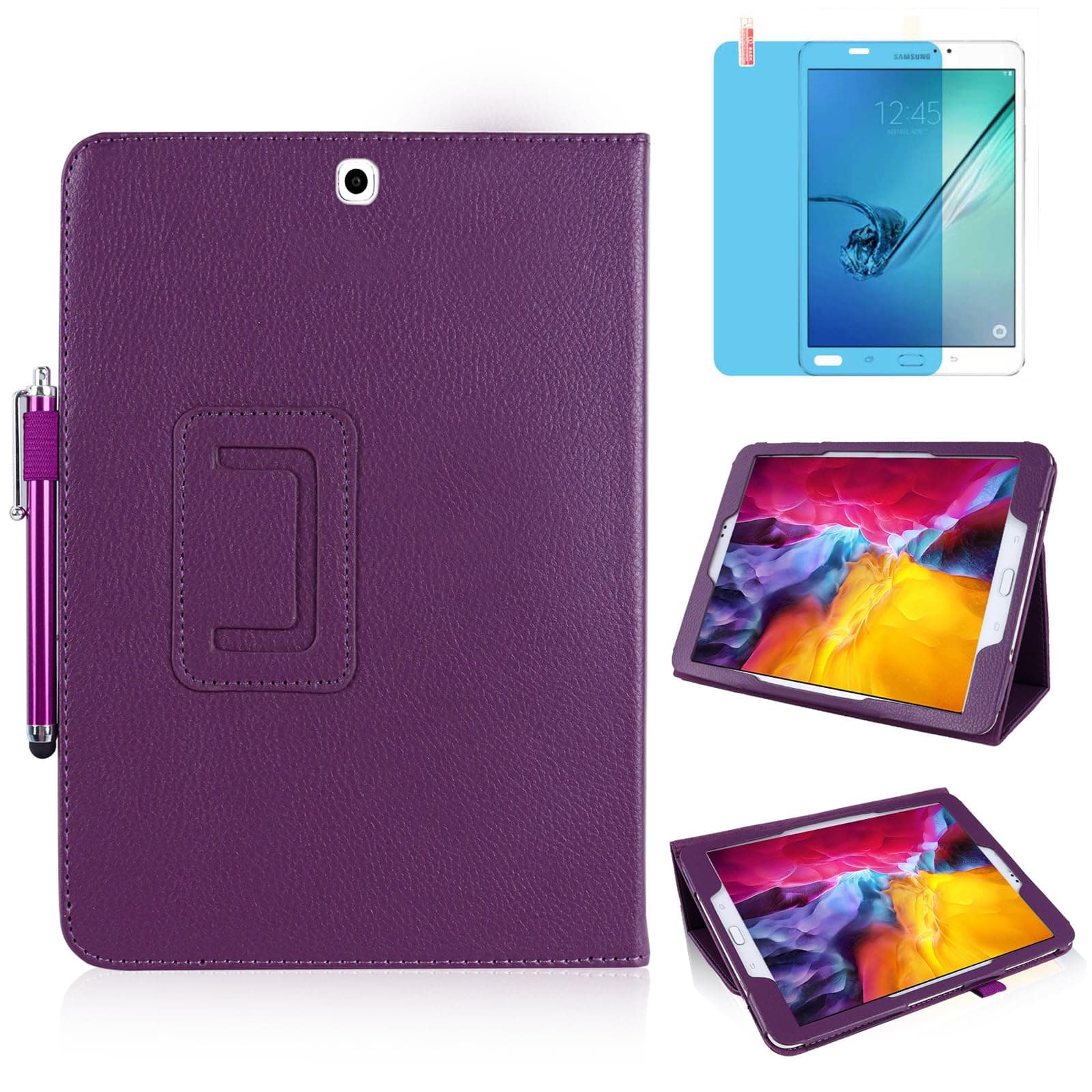 Slim Leather Case for Samsung Galaxy Tab S2 9.7 Inch 2015 (SM-T810 T813 T815 T817 T819), Multi-Angle Stand Full-Protective Tablet Cover Book Case with Stylus Pen,Screen Film (Purple)