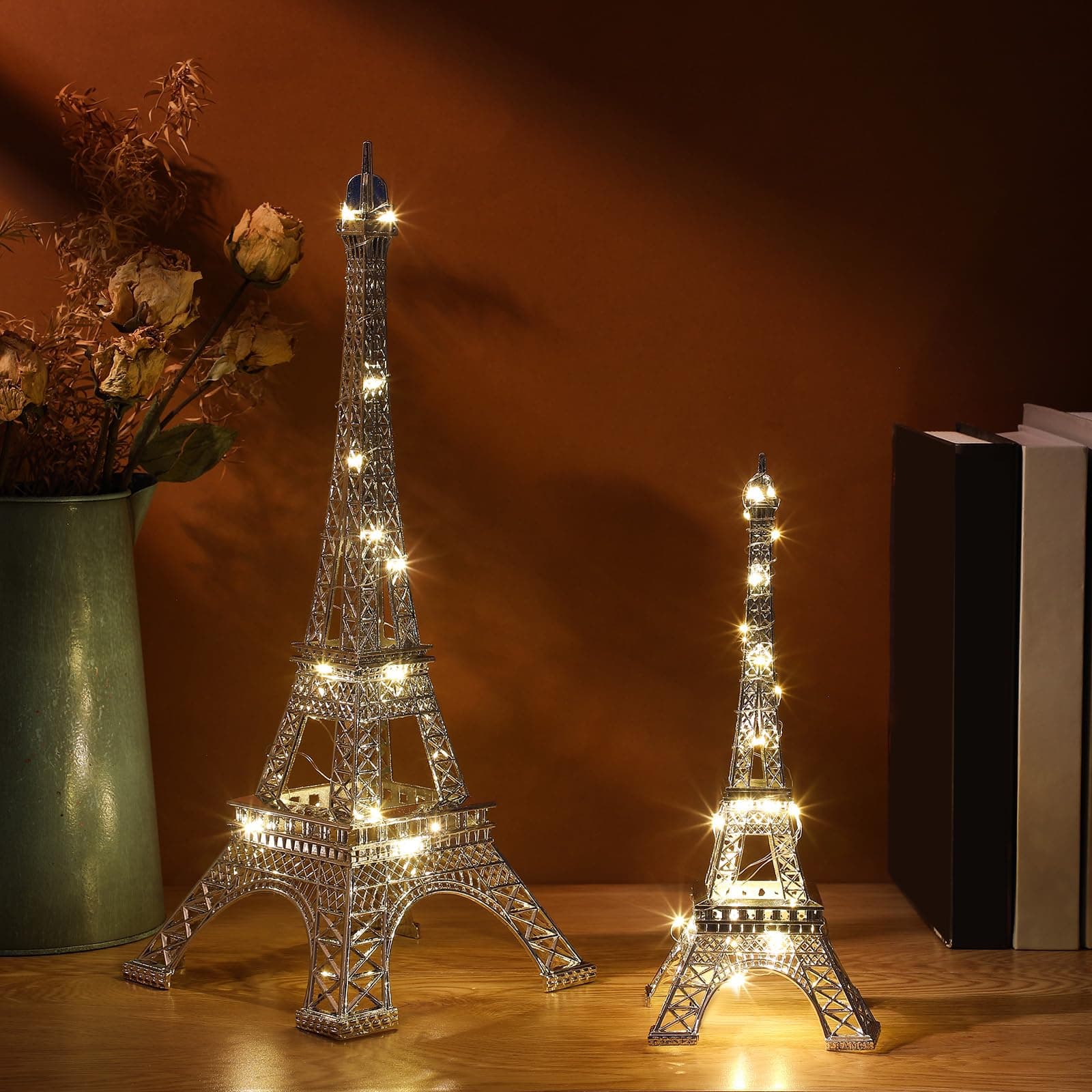 DoubleFill 2 Pcs Mother's Day Eiffel Tower Statue Metal 10 Inch, 15 Inch Eiffel Tower Model Figurine Pari Themed Decor with 2 Light Strings for Cake Topper Party Table Centerpiece Decoration(Silver)