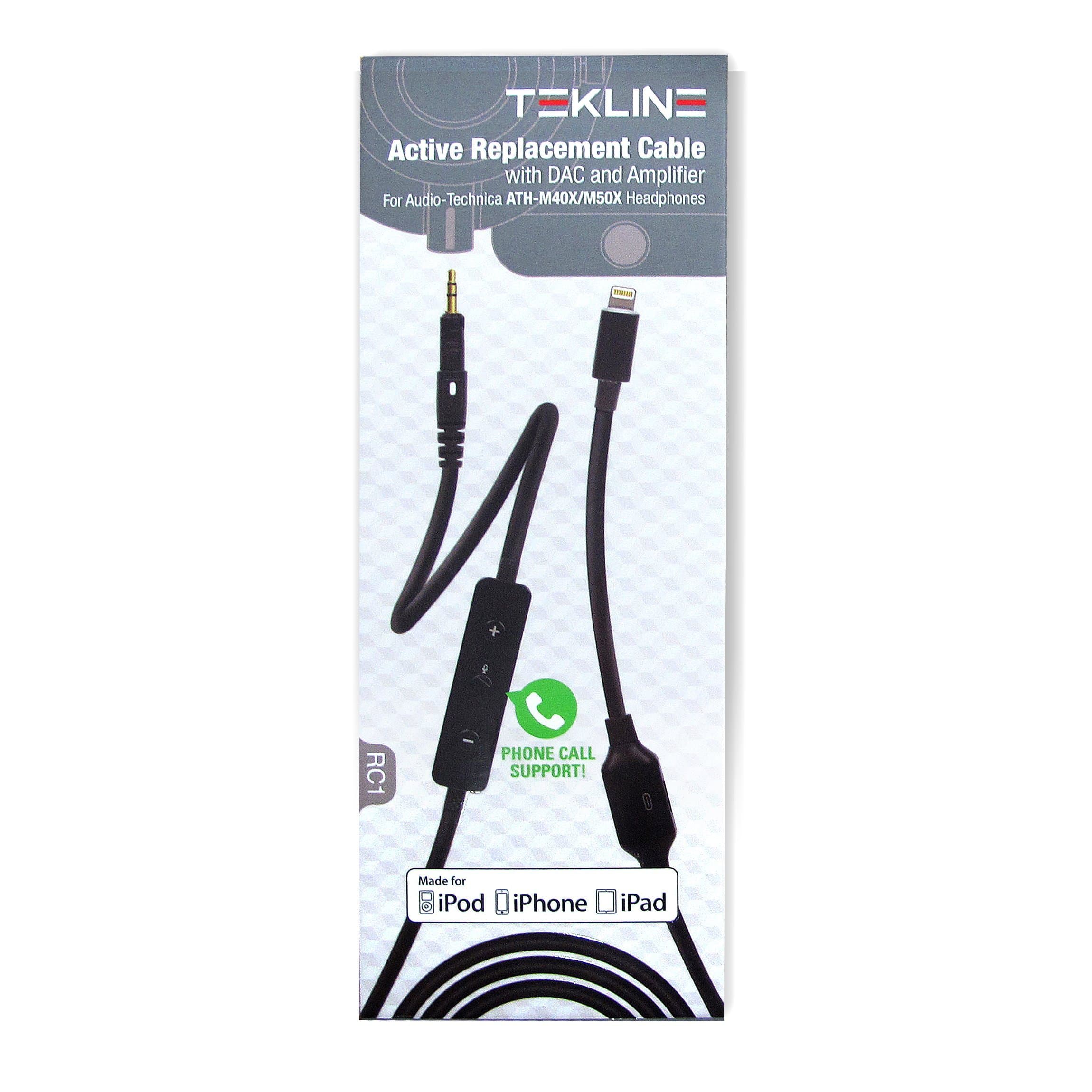 Tekline RC1 Active Replacement Cable For Audiotechnica ATHM40X, ATHM50X, ATHM70X - for iPod, iPhone, iPad
