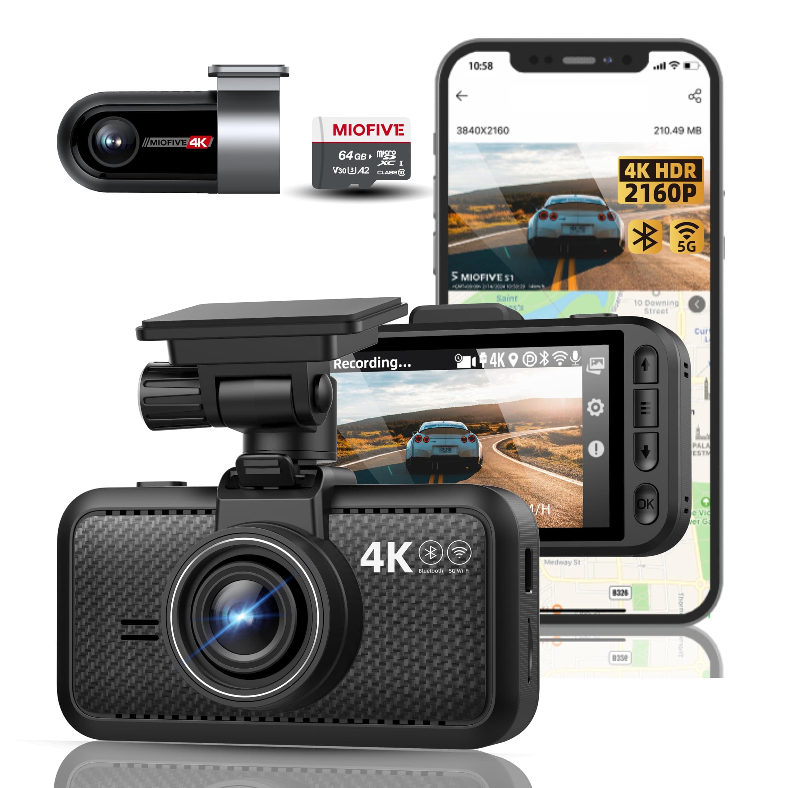 Dash Cam Car Front Rear 4K+4K WiFi Bluetooth Dash Cam with 64GB SD Card, Dual Car Camera with Parking Monitoring, Super Night Vision, HDR, G-Sensor, Loop Recording, App Control, Max 512GB