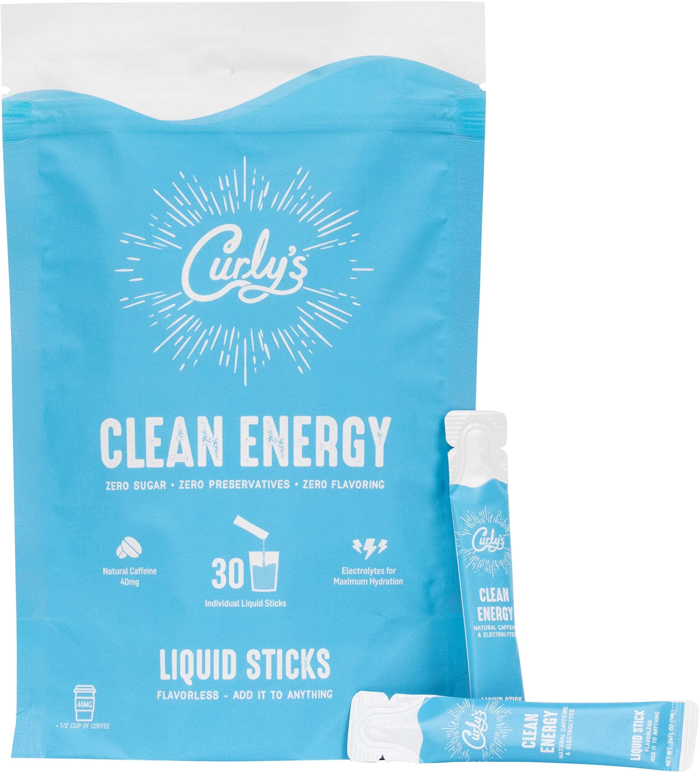 Curly's Curly's Clean Energy Caffeine & Electrolyte Sticks - Energize Your Favorite Drink - Keto, Paleo & Whole 30 Friendly - All Natural - No Sugar, No Calories, No Omg - 30 L Bar Packs