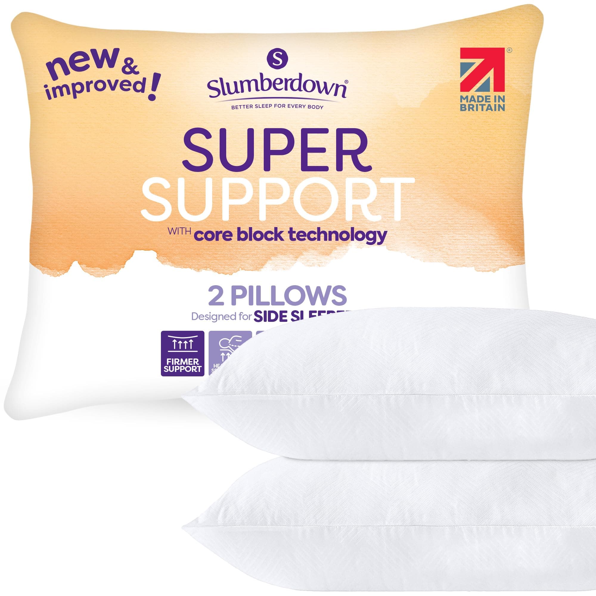 Slumberdown Pillows 2 Pack - Super Support Firm Side Sleeper Bed Pillows for Neck and Shoulder Pain Relief - Comfy & Supportive, Hypoallergenic, Made in the UK, Standard Size (48cm x 74cm)