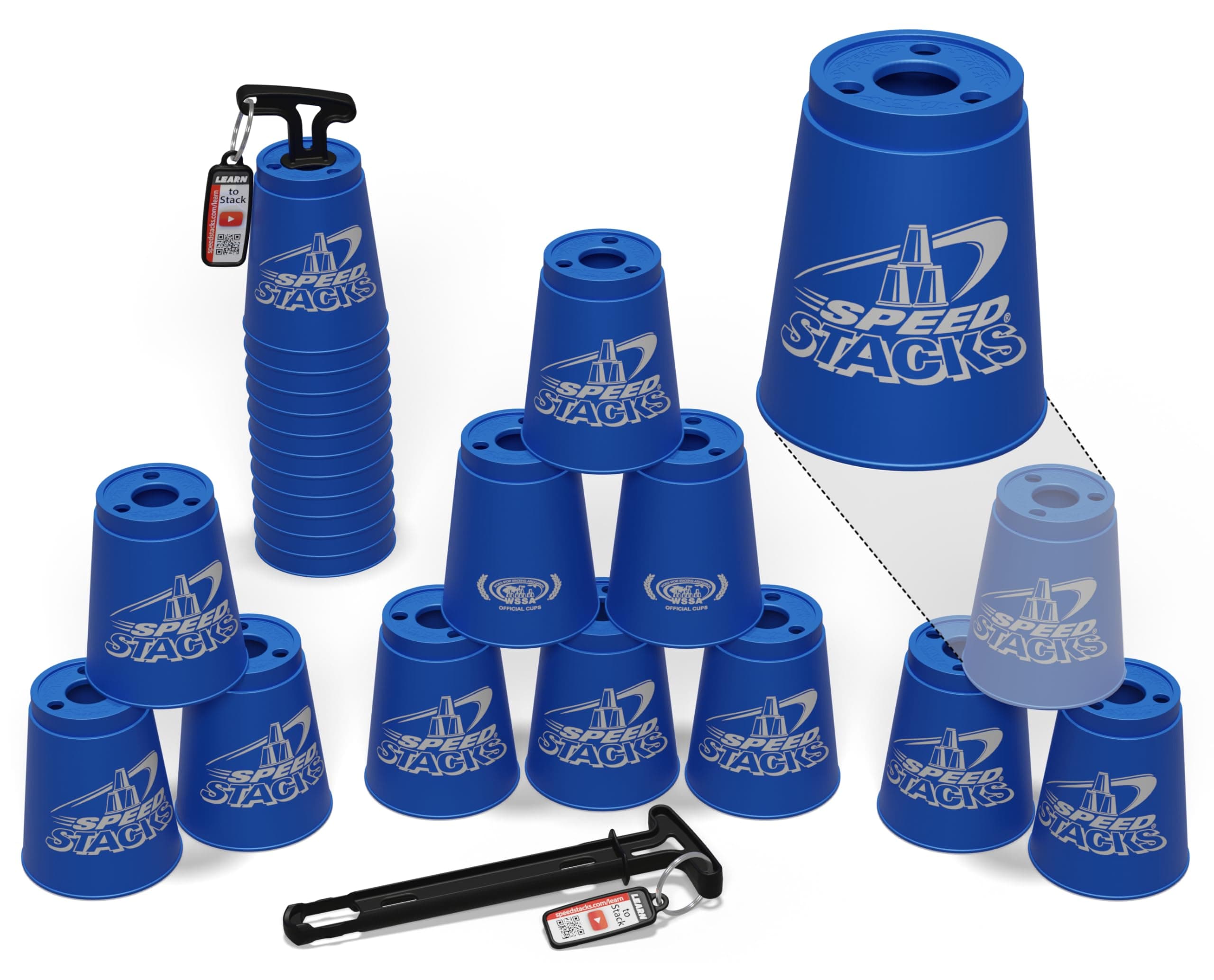 Official Sport Stacking Set, Blue - 12 Cups and Holding stem | Top Grade Materials, Low Friction | WSSA Approved
