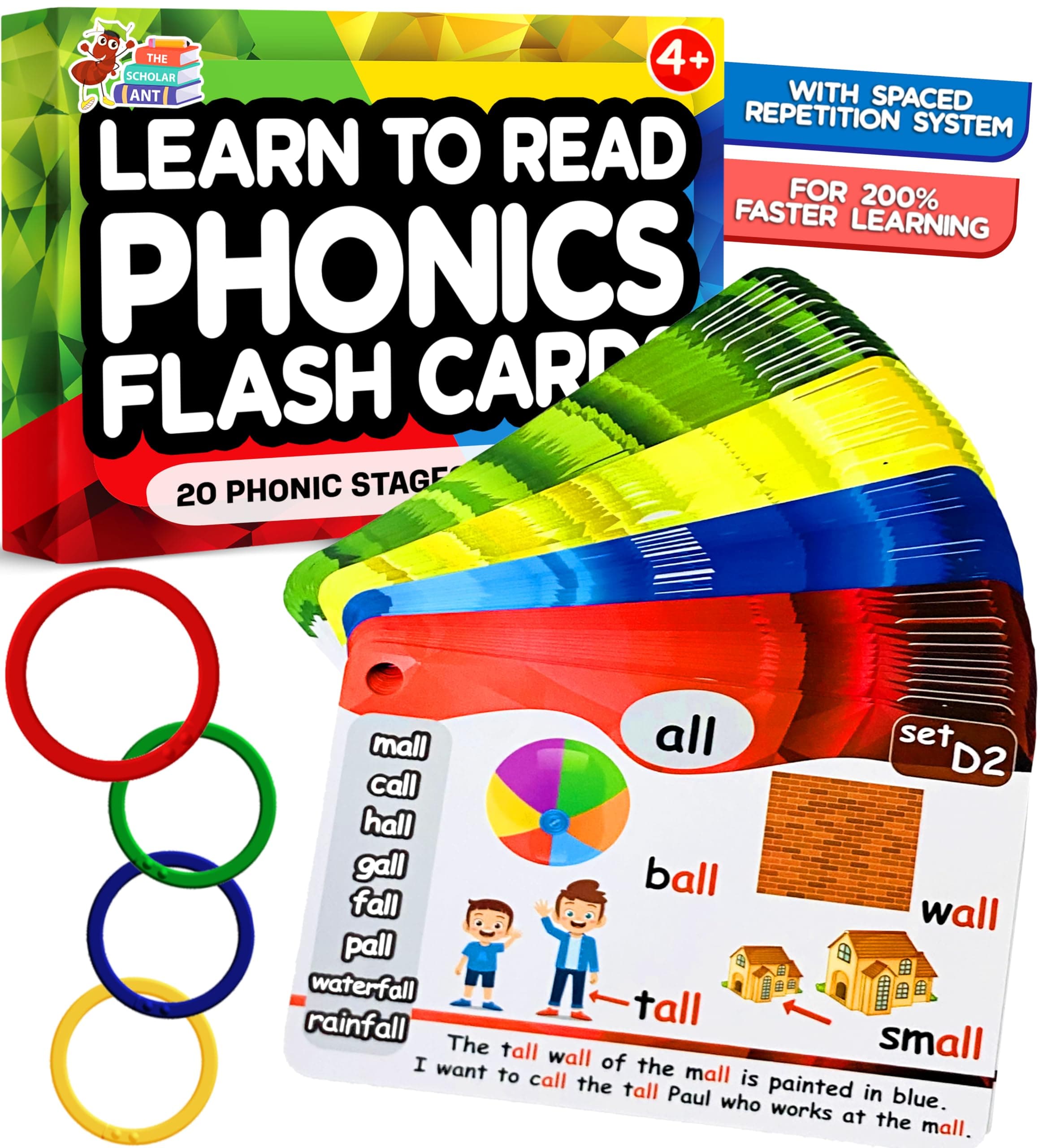 Phonics Flash Cards - Learn to Read in 20 Phonic Stages - Digraphs CVC Blends Long Vowel Sounds - Phonics Games for Kids Ages 4-8 Kindergarten First Second Grade Homeschool Educational