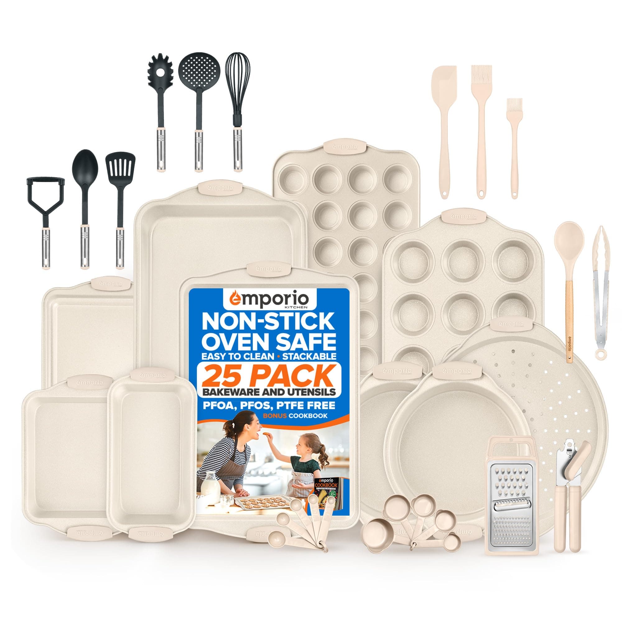 Baking Pan Set - Nonstick Coating, Carbon Steel Bakeware Set with White Silicone Handle, PFOA, PFOS, PTFE Free, Recipe Booklet Included, Oven Safe Tray (Up To 450° F) Set of 25 - White