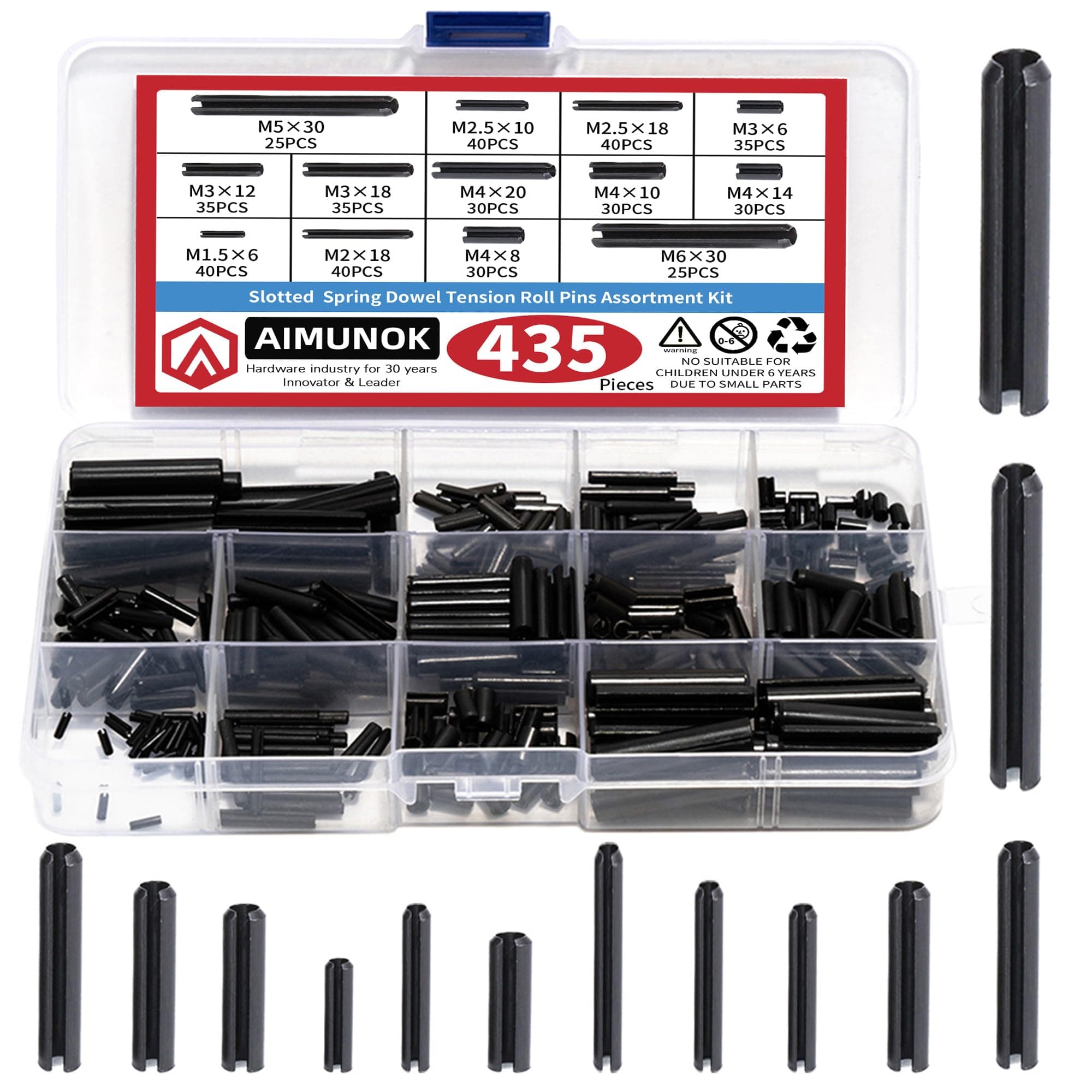 435-Piece Roll Pin Assortment Kit - Slotted Tension Pins, Split Dowels & Expansion Spring Pins - Includes M1.5 to M6 Sizes (13 Types) - Durable Spring Steel for Secure Fastening