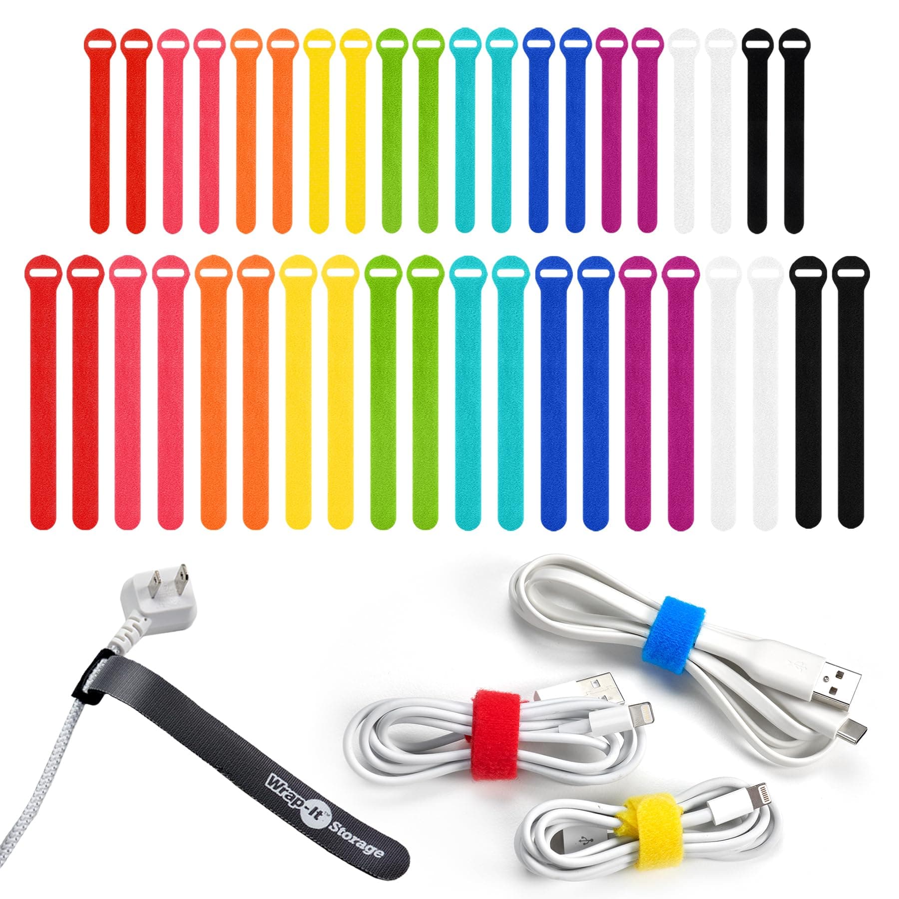 Self-Gripping Cable Ties by Wrap-It Storage, Multi-Color, 40 Pack (5 Inch and 8 Inch Straps) – Reusable Hook and Loop Cord Keeper, Cable Wrappers for Cord Management and Home Office Desk Organization