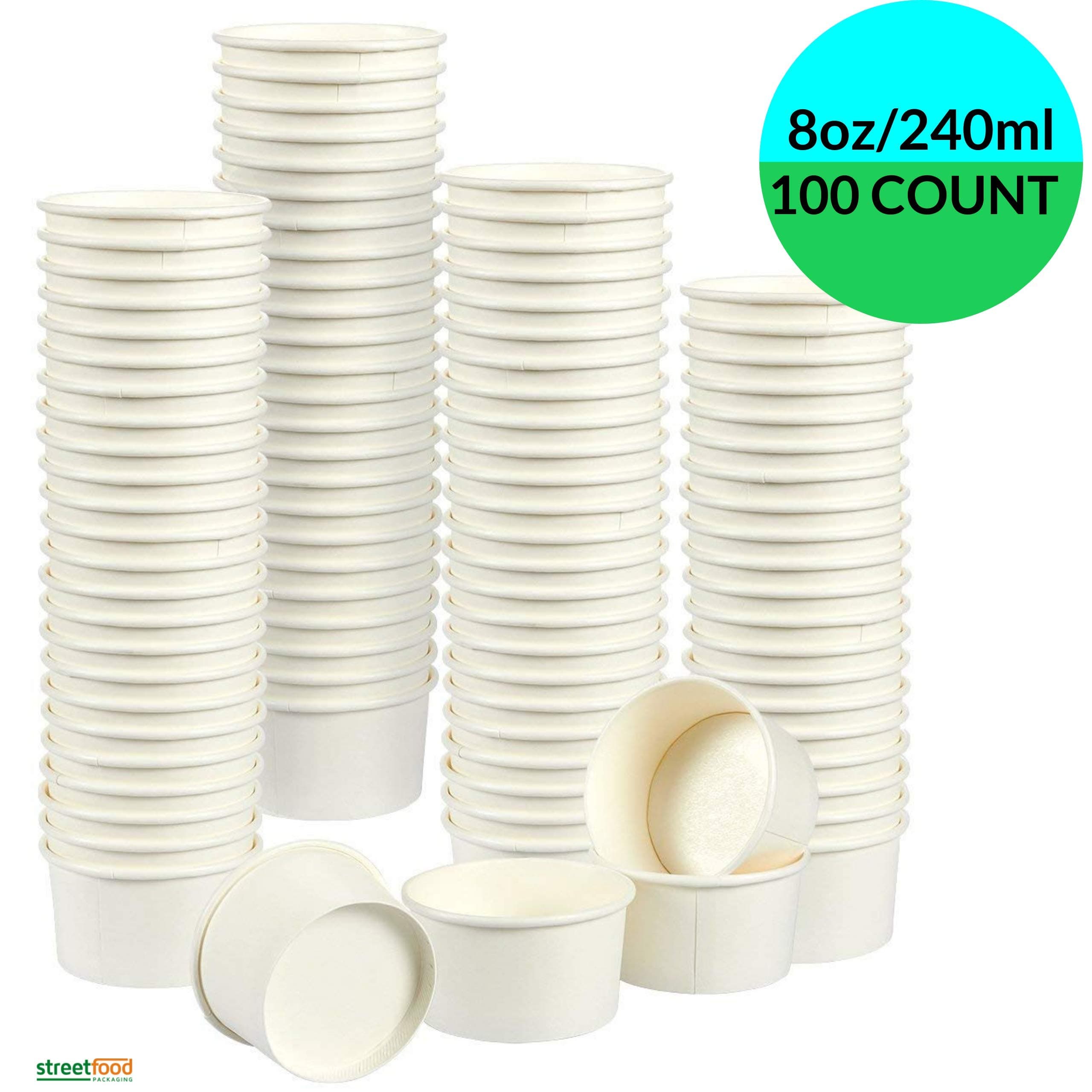 100 COUNT - 8oz Soup Containers [8oz, 100 Pack] Disposable White Takeaway Ice Cream Round Deli Food Storage Heavy Duty Bowl Ice Cream Paper Eco Friendly Biodegradable - Streetfood Packaging