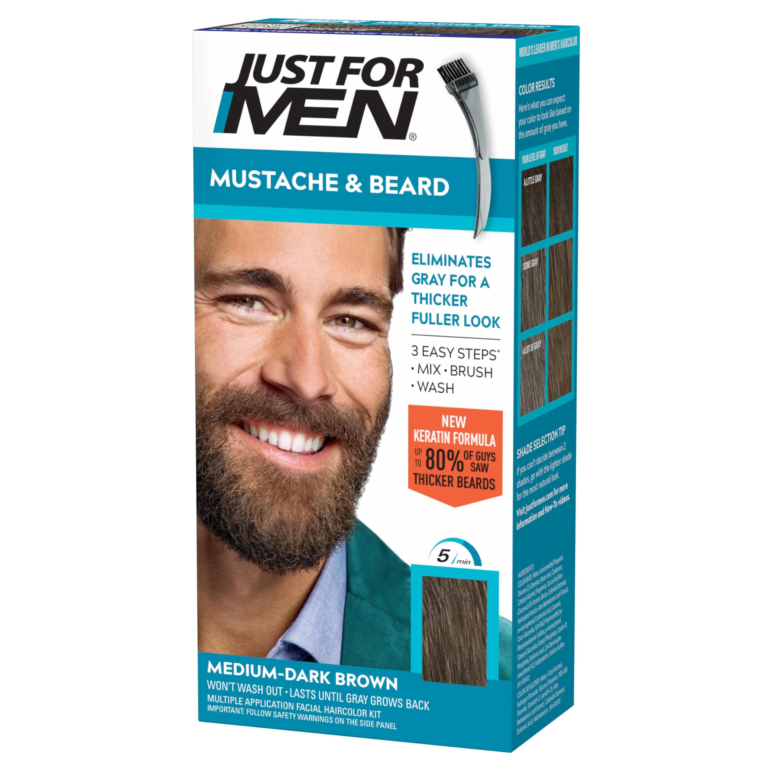 Mustache & Beard, Beard Coloring for Gray Hair with Brush, With Keratin Biotin Aloe and Coconut Oil for Healthy Facial Hair - Medium-Dark Brown, M-40, Pack of 1 (Packaging May Vary)