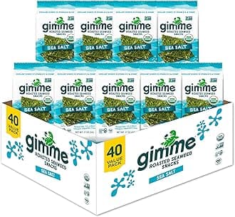 Gimme Seaweed Organic Premium Roasted Seaweed Snacks, Sea Salt, Keto, Vegan, Gluten-Free, Great Source of Omega3s and Iodine, Healthy On-The-Go Snack for Kids and Adults, 20 Count (Pack of 2)