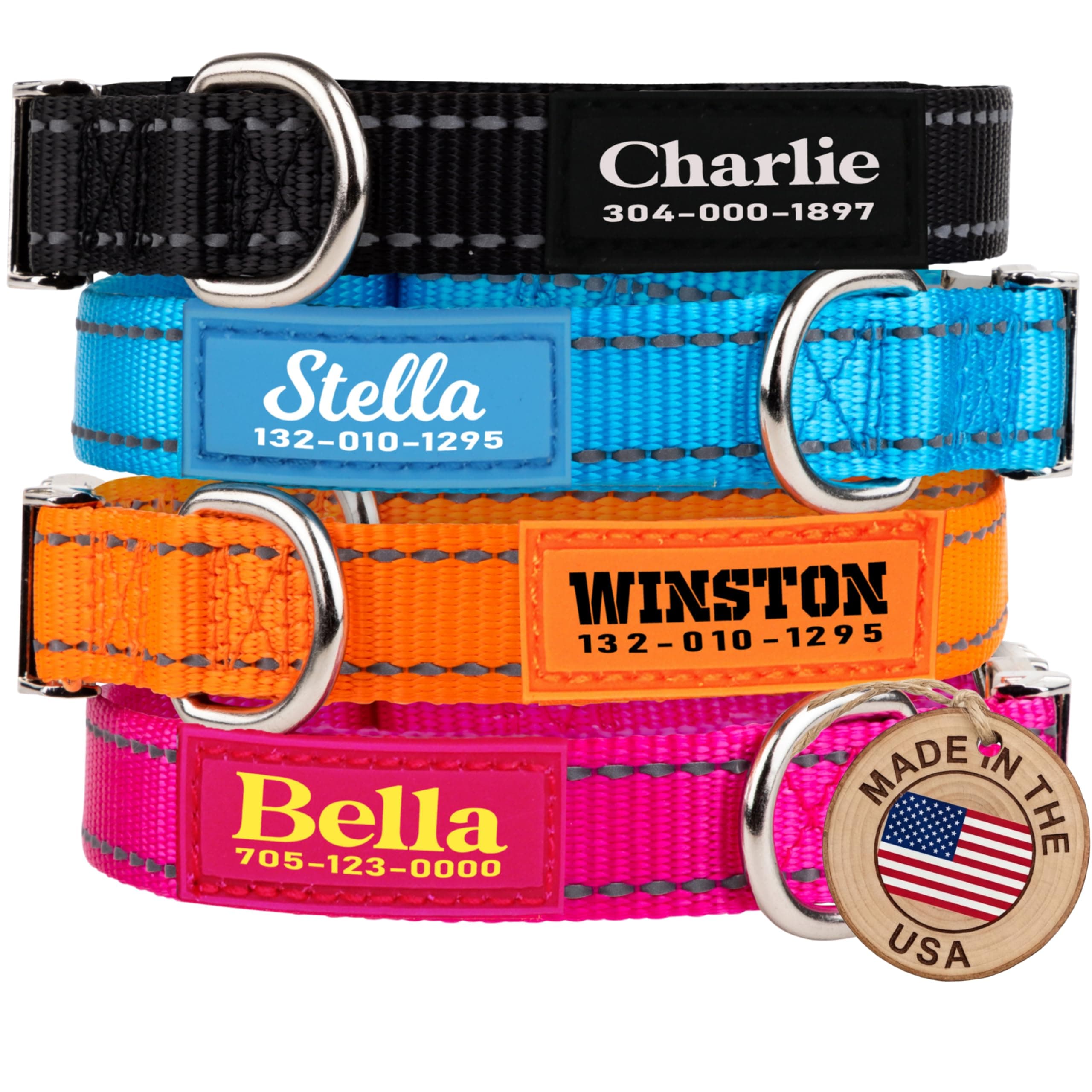 PAWBLEFY Personalized Dog Collars - Reflective Nylon Collar Customized with Name and Phone Number Adjustable Sizes for Small Dogs, Medium, Large 4 Colors Male Female boy Girl Puppies
