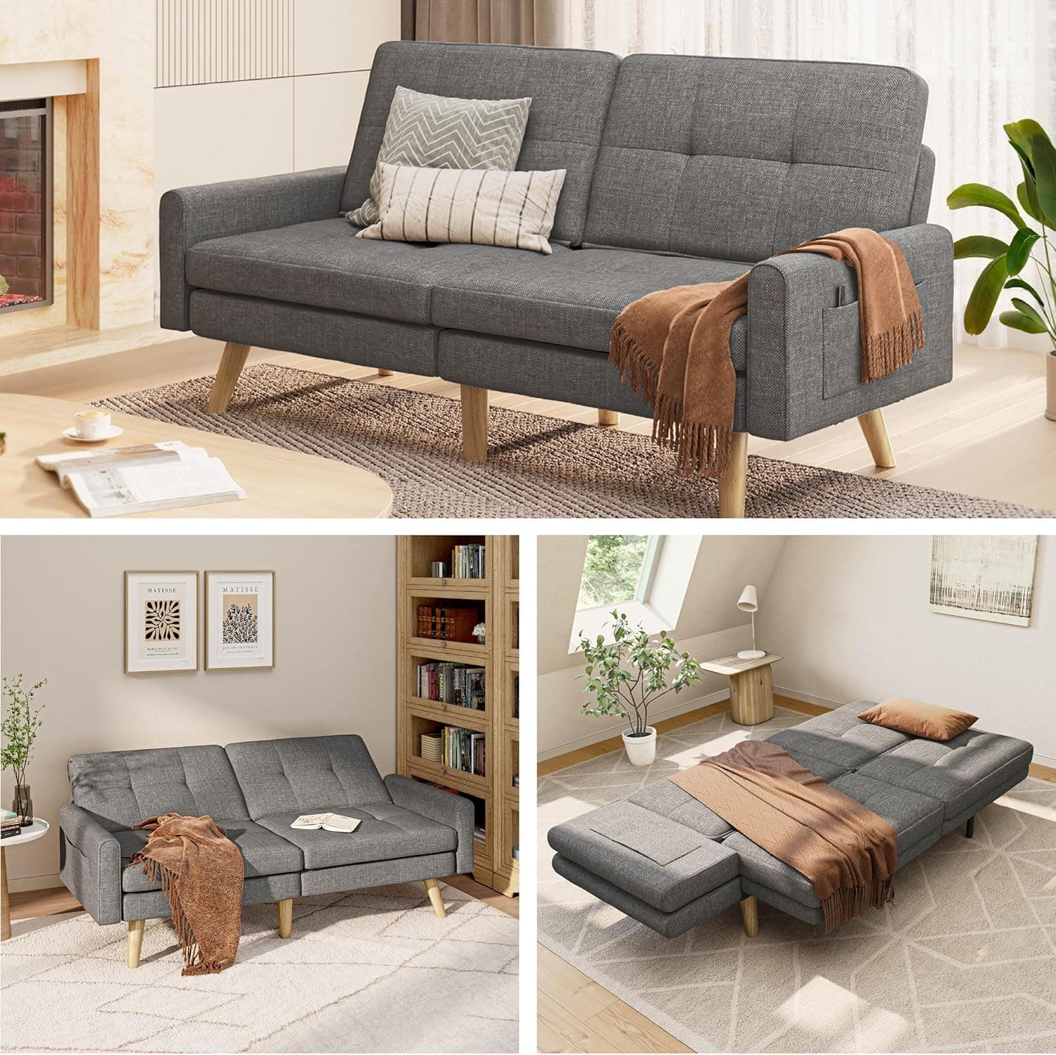 Futon Sofa Bed, 70.9" Futon Couch with Adjustable Backrest, Removable Armrest for Extended Length, Mid Century Modern Loveseat for Living Room, 6 Wood Legs, 2 Metal Support Rods, Dark Grey
