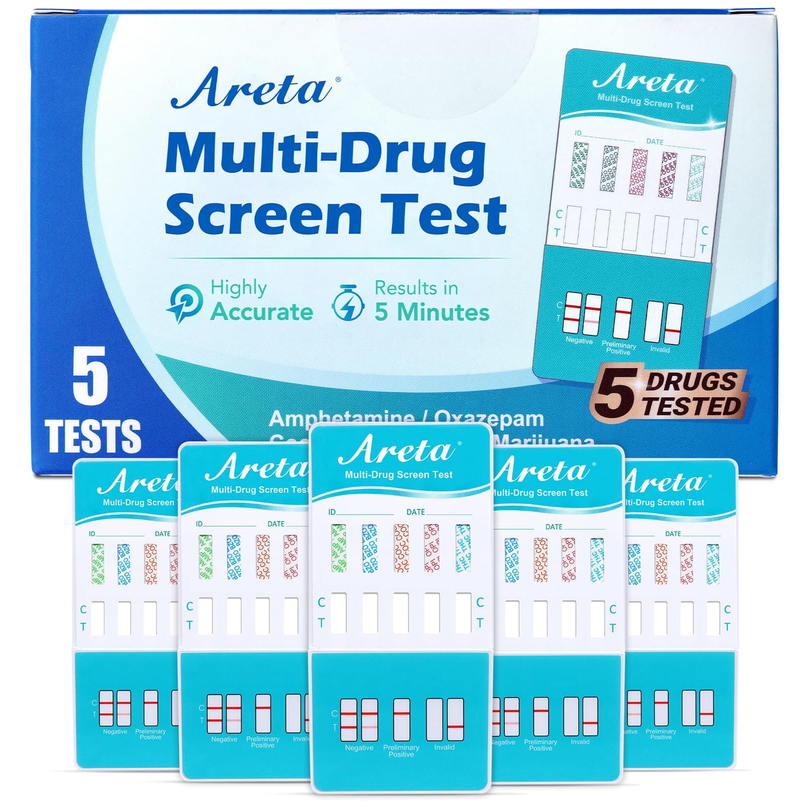Areta 5 Panel Urine Drug Test Kit - [5 Pack] Testing Marijuana(THC), Cocaine(COC), Opiates(OPI), AMP, BZO, at Home All Drugs Screening Tests Kit, #ADTP-754