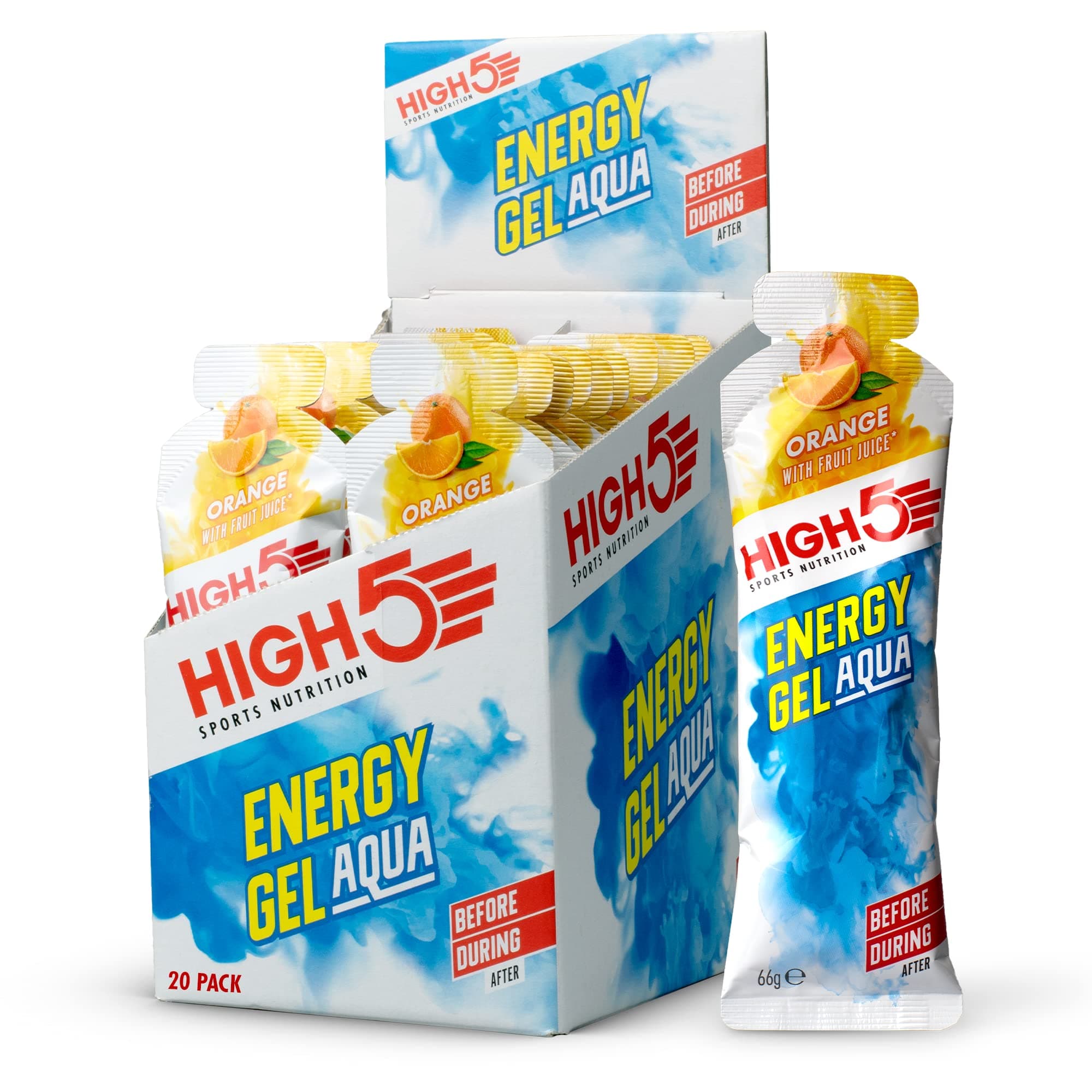HIGH5 Aqua Running Gels Energy - Running Essentials for Quick Release Energy - Natural Fruit Juice & No-Caffeine - Ideal as Running Equipment, Cycling Supplements, Marathon Training (Orange, 20 x 66g)