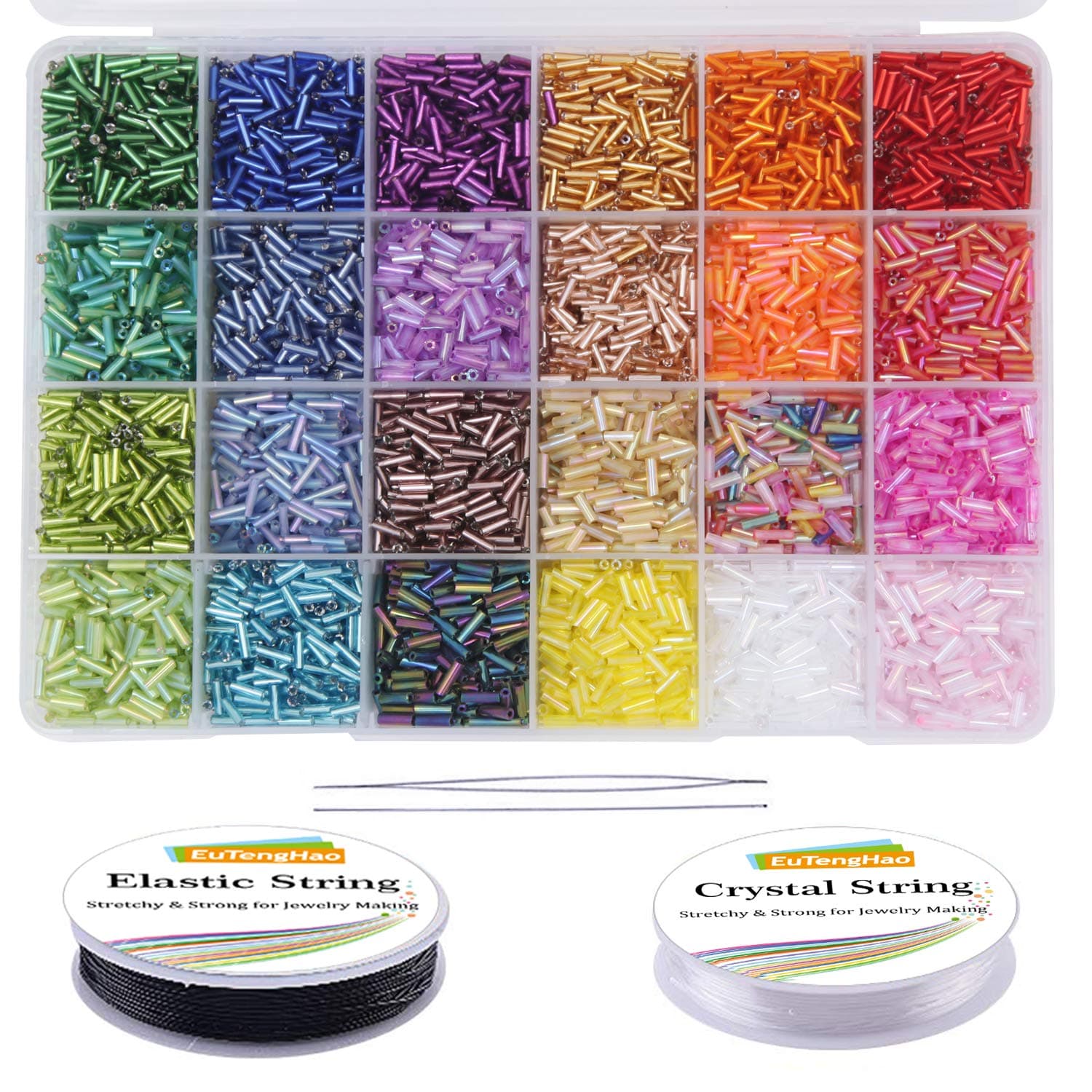 EuTengHao 9600pcs Tube Beads Kit Glass Bugle Seed Beads Small Craft Beads for DIY Bracelet Necklaces Crafting Jewelry Making Supplies with Two Crystal String (7mm, 400 Per Color, 24 Colors)