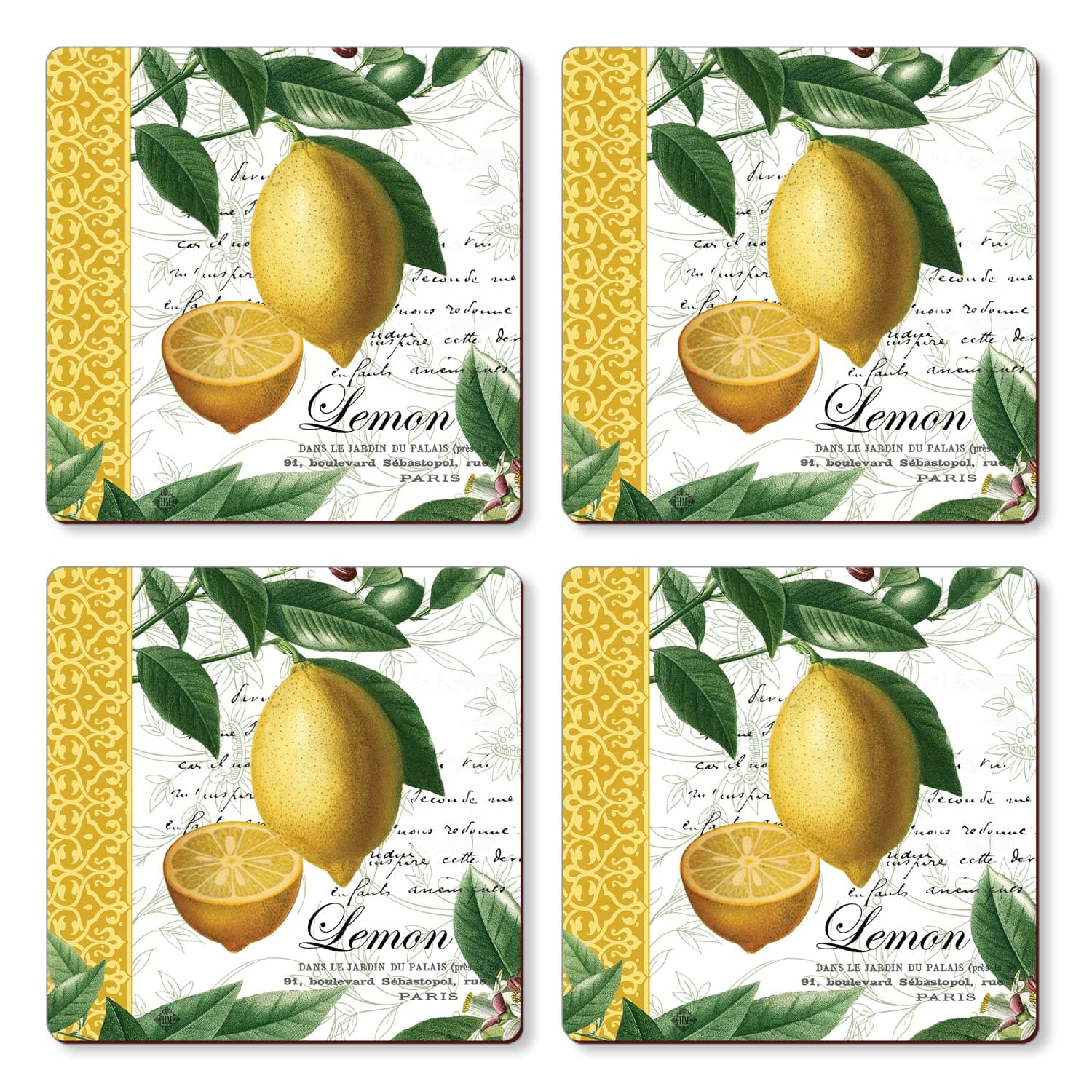 Cala Home Citron Decorative Hardboard Cork Backed Coasters 4 Pack Layered Construction Heat Tolerant Easily Wipes Clean