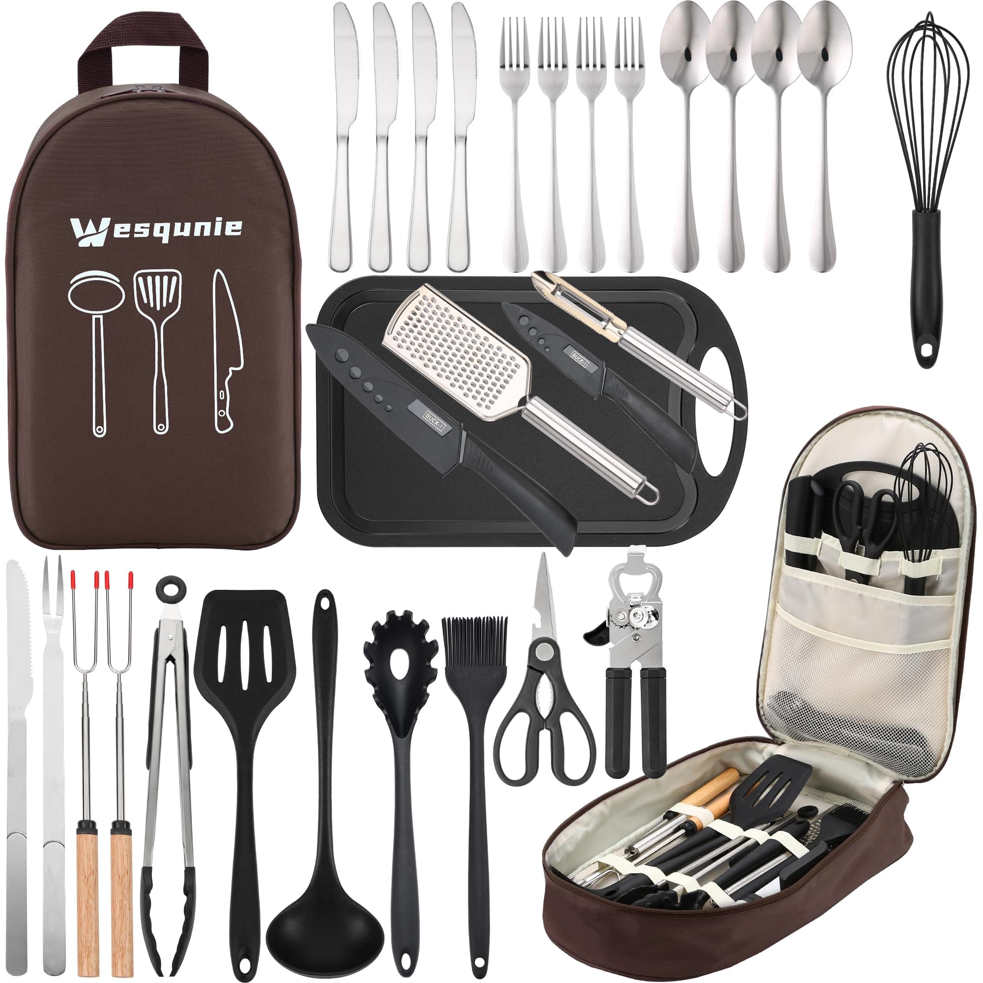 Wesqunie Camping Cooking Essentials Utensils Set - Camp Cookware Kitchen Accessories Kit, Camper Gear Must Haves, Stainless Steel & Silicone, RV Car Portable Outdoor Equipment Tool