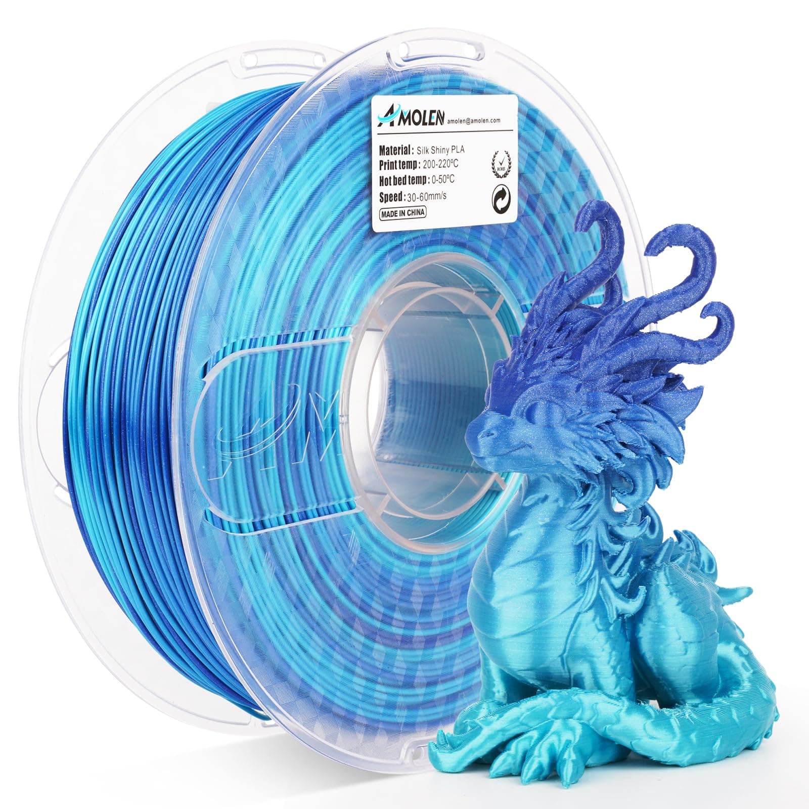 AMOLEN Shiny Silk PLA 3D Printer Filament, Shiny Gradient Silk Pla 1.75mm Azure Blue 3D Printing Filament 1KG/2.2lb