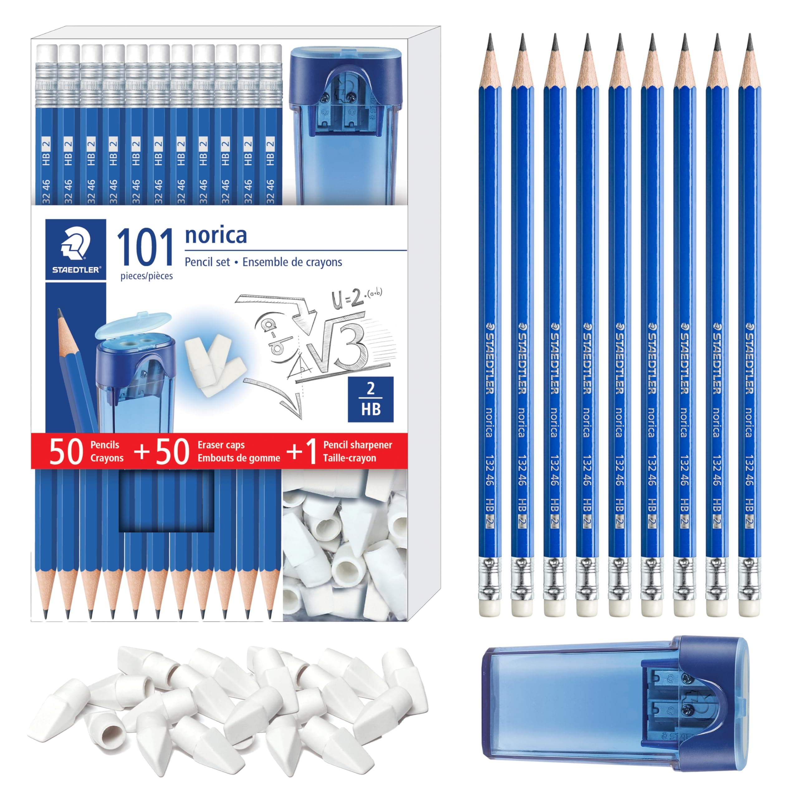 Norica Pencil Set: 50 Pre-sharpened #2 HB Pencils with 50 Eraser Caps & Double-Hole Sharpener, Break-Resistant Lead, School Pack