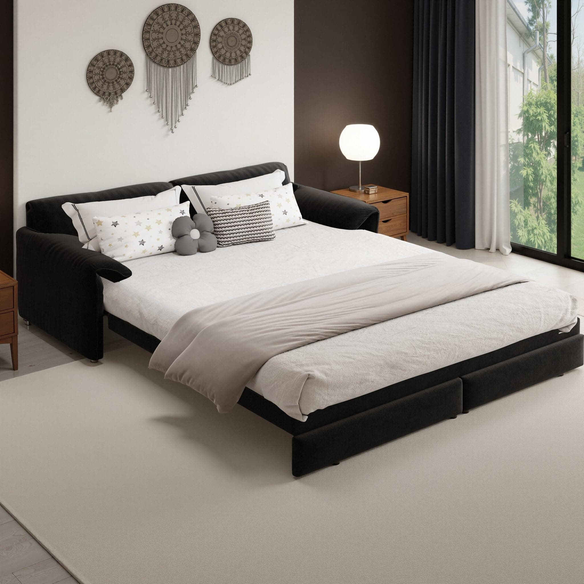 LINKHOO 66" Queen Size Pull Out Sofa Bed, 3-in-1 Convertible Sleeper Sofa with Side Storage, Folding Floor Sofa Lounge Couch, Velvet Loveseat Bed for Living Room, Bedroom, Office, Black