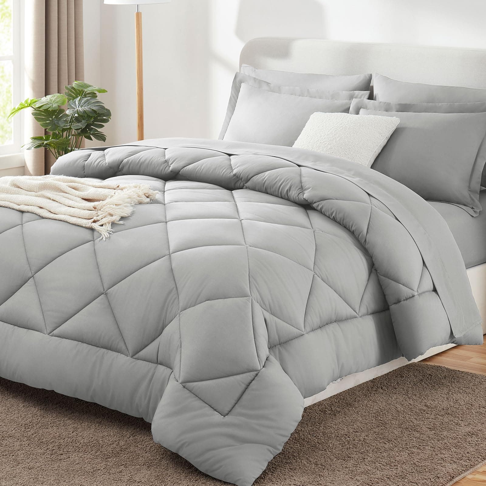 Queen Comforter Set Light Grey - Bed in a Bag Queen Size 7 Pieces, Luxury Soft Bed Set for All Seasons, Bedding Set with Down Alternative Comforter, Sheets, Pillowcases & Shams