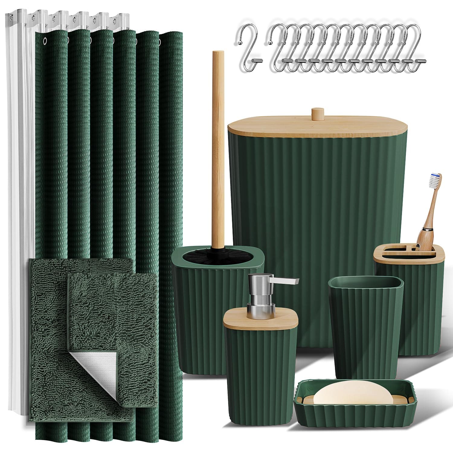 Clara Clark Bathroom Accessories Set - Bathroom Accessory Set with Shower Curtain Set, Toilet Brush, Trash Can & Soap Dispenser & Rugs (Hunter Green, Complete Set + Bath Rugs)