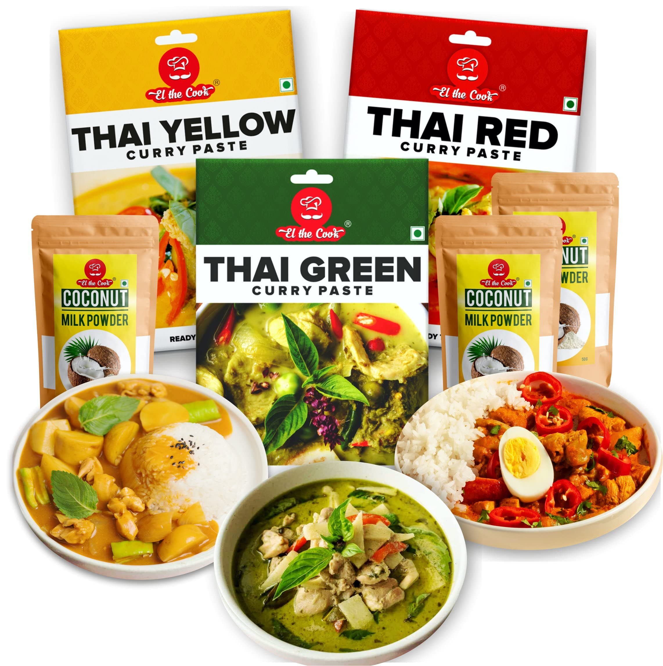 EL The Cook Thai Curry Kit - Red, Yellow, Green Paste (50Gm X 3) + Coconut Milk Powder (50Gm X 3)|Just Add Fresh Vegetables/Chicken/Fish To Cook Delicious Thai Curry At Home In 10 Min|Serves 4 Each